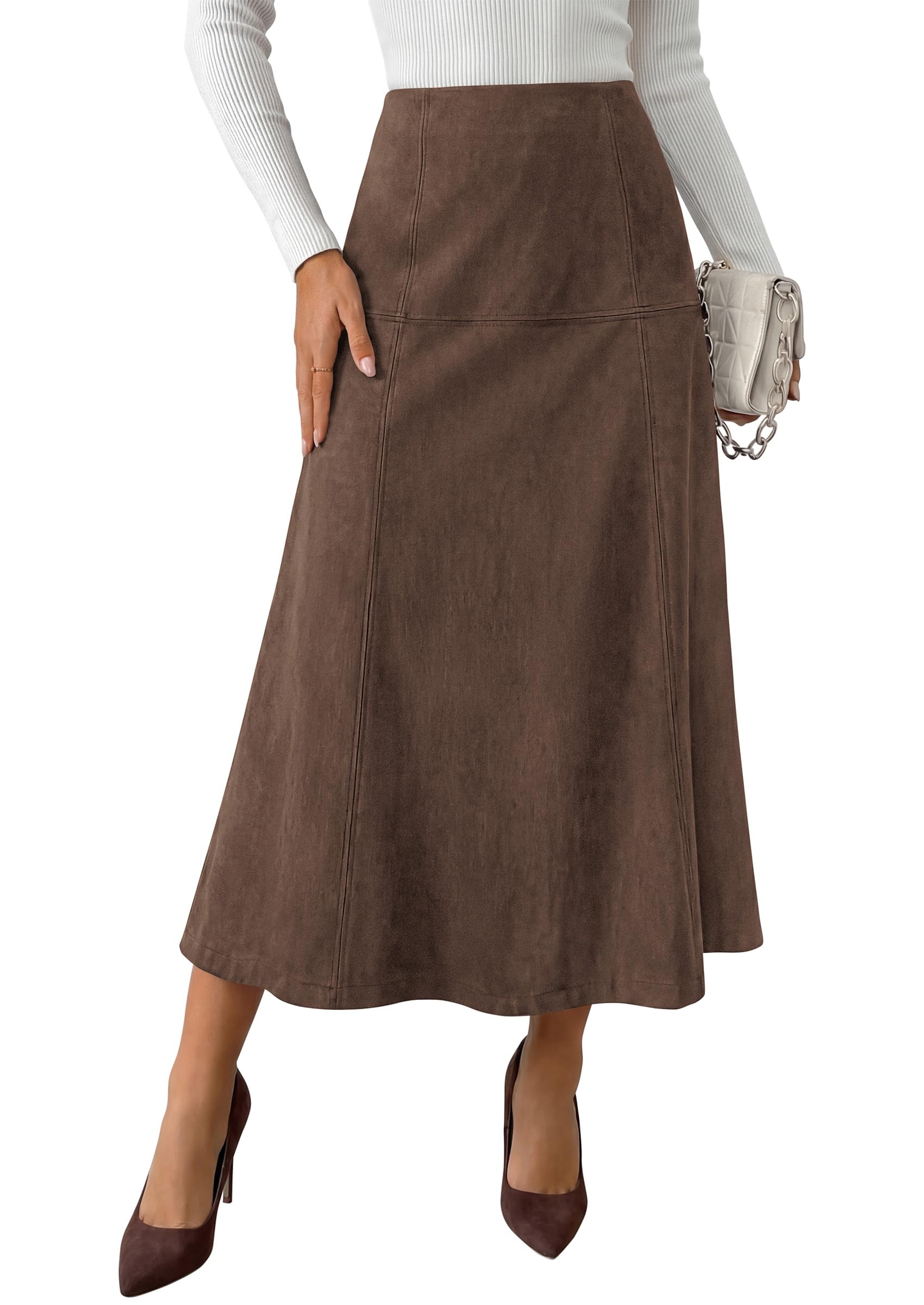 Womens High Waist Faux Suede A Line Midi Skirt,Dark Brown,XL