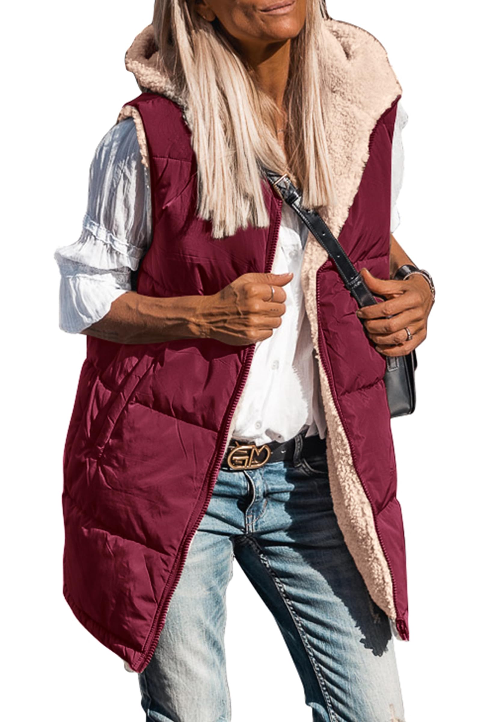 Women's Winter Reversible Fleece Long Vests(Wine Red,S)