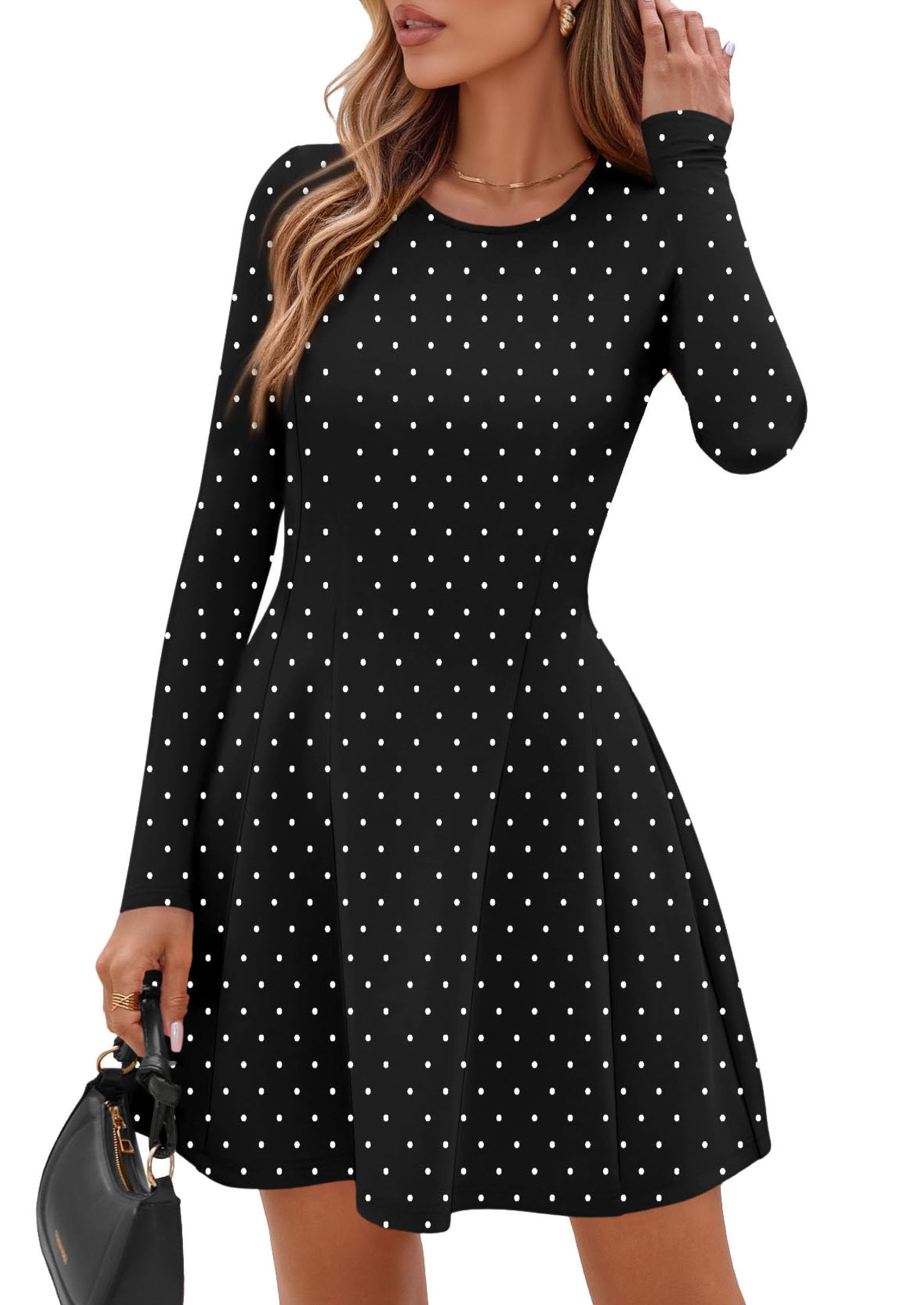 Womens Long Sleeve Pleated Mini Dress,Dot Black White,XS