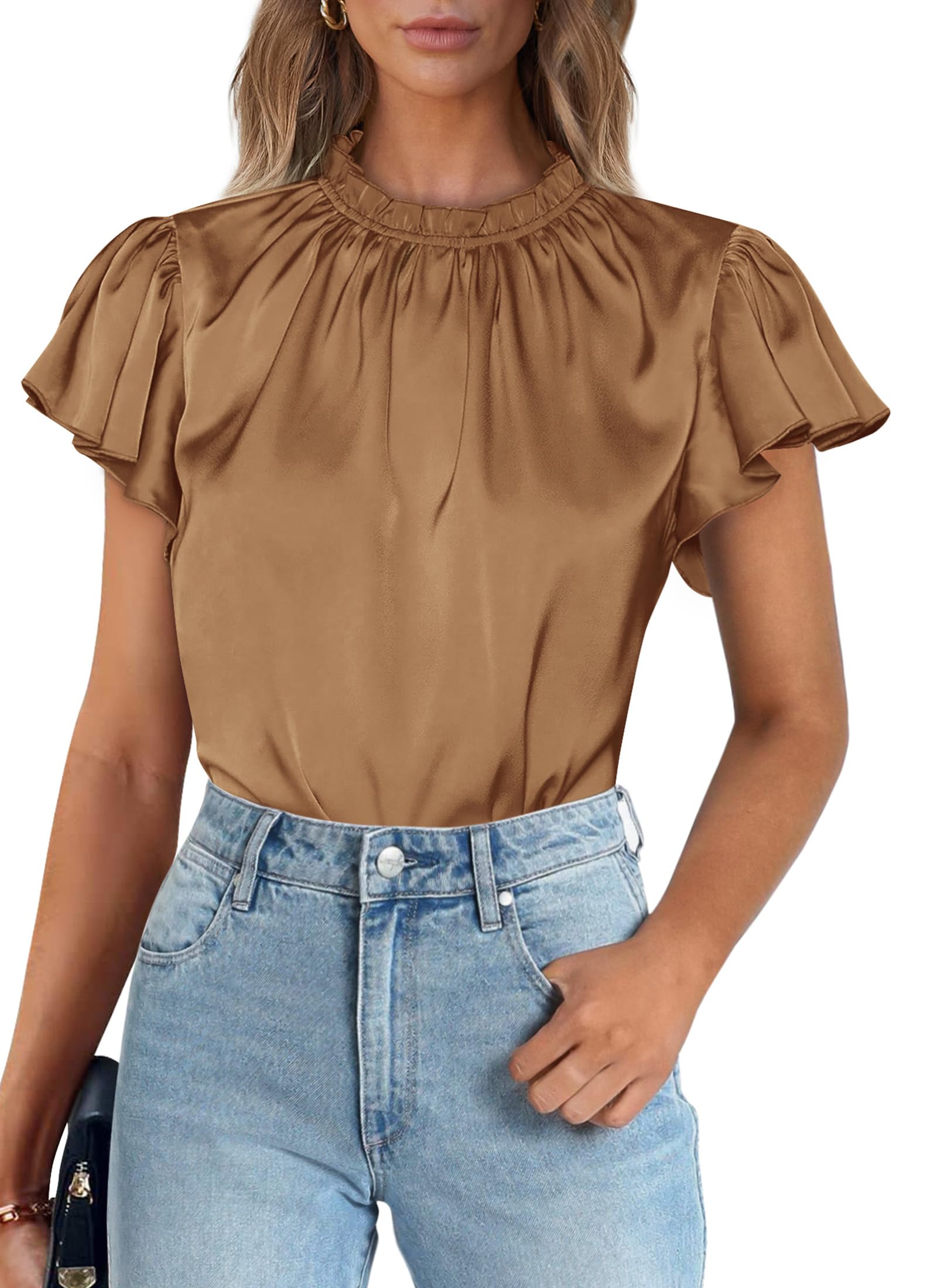 Women's Satin Tops Business Casual Work Blouses, Dark Khaki,S