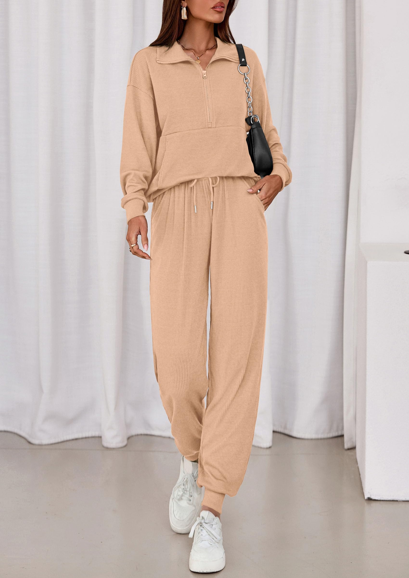 Airport Travel Outfit Women Ribbed Knit Matching Lounge Sets