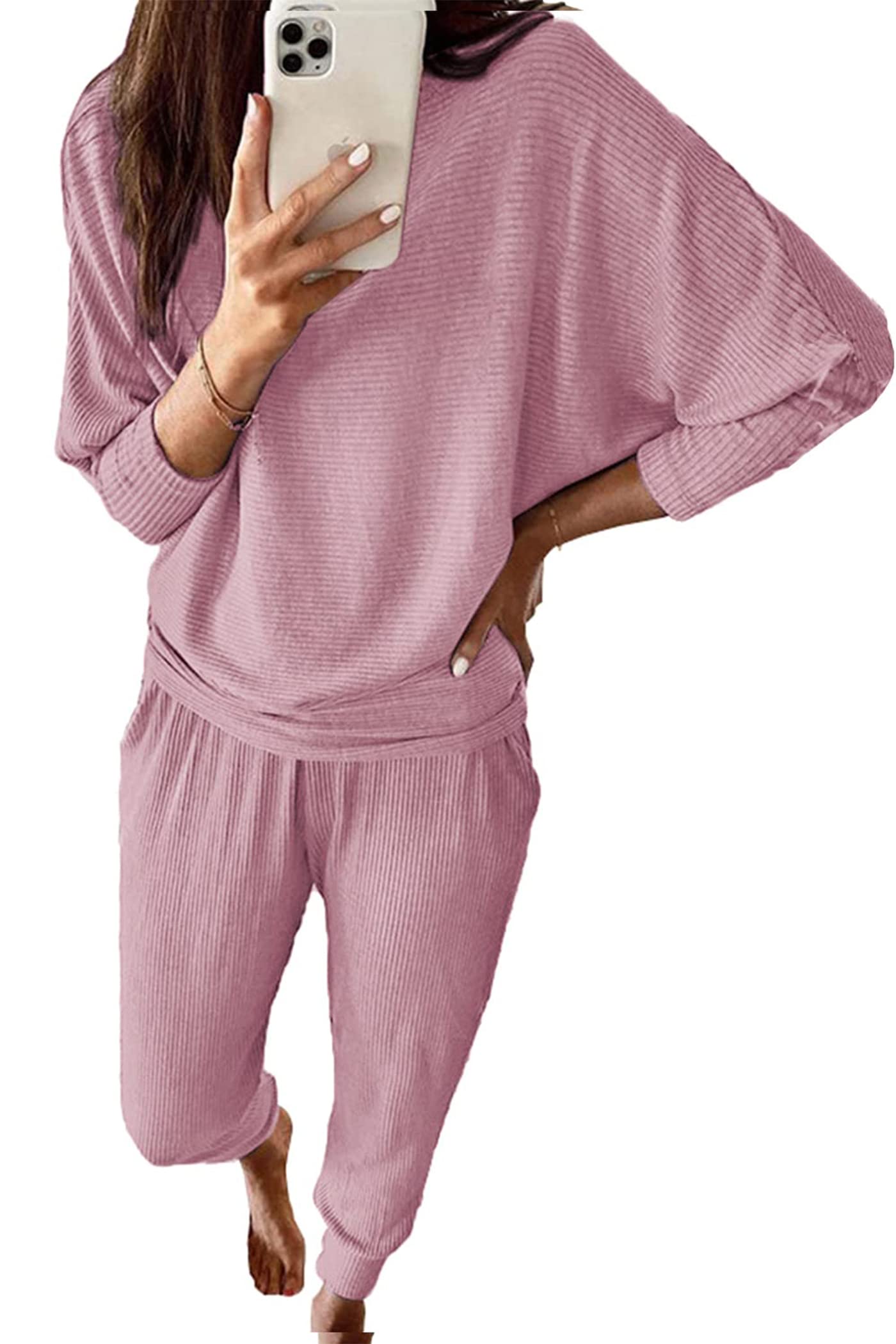 Women's 2 Piece Outfit Matching Lounge Set, Pink,S