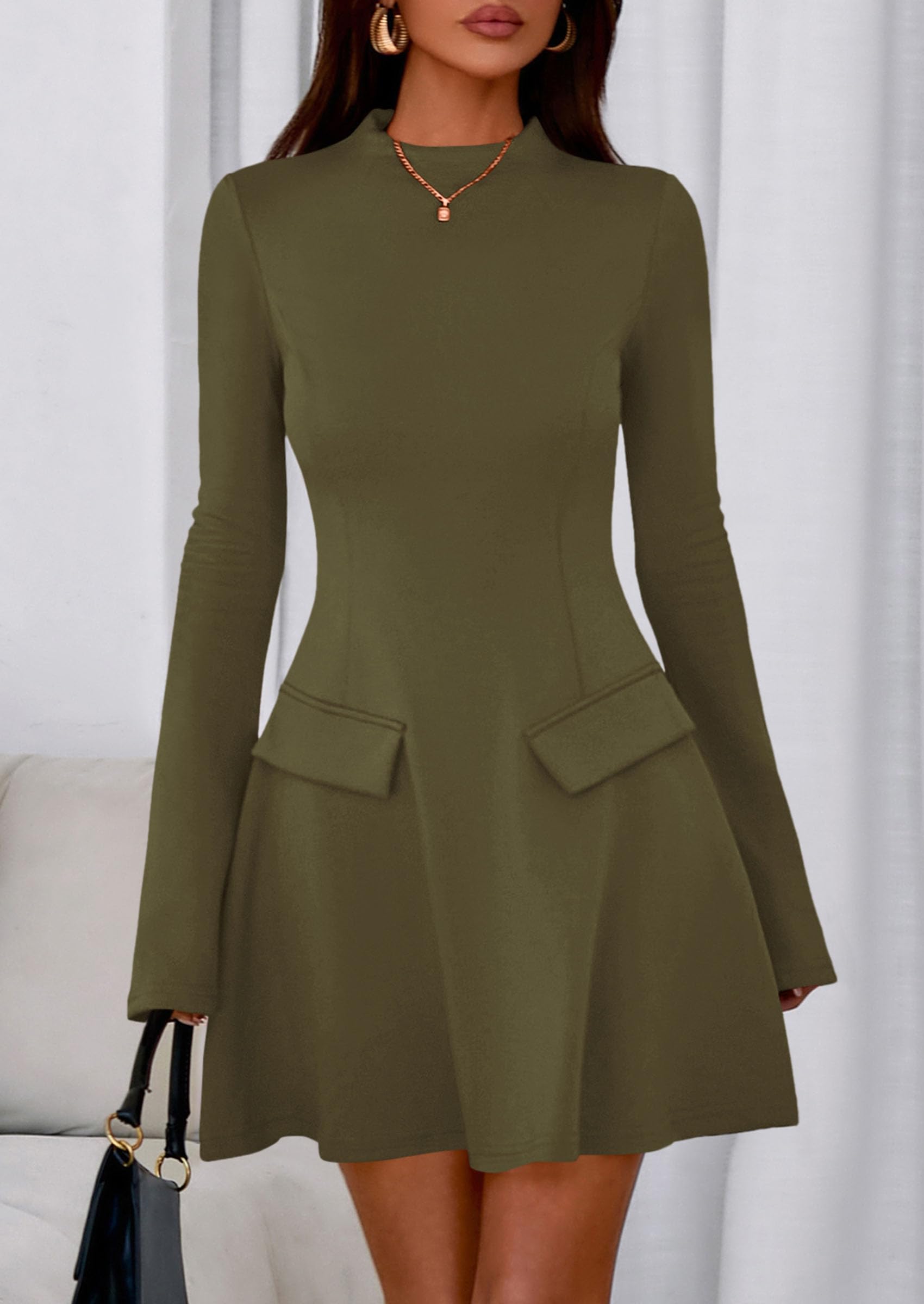 Women's Fall Bell Sleeve Short Dress,Army Green,XS