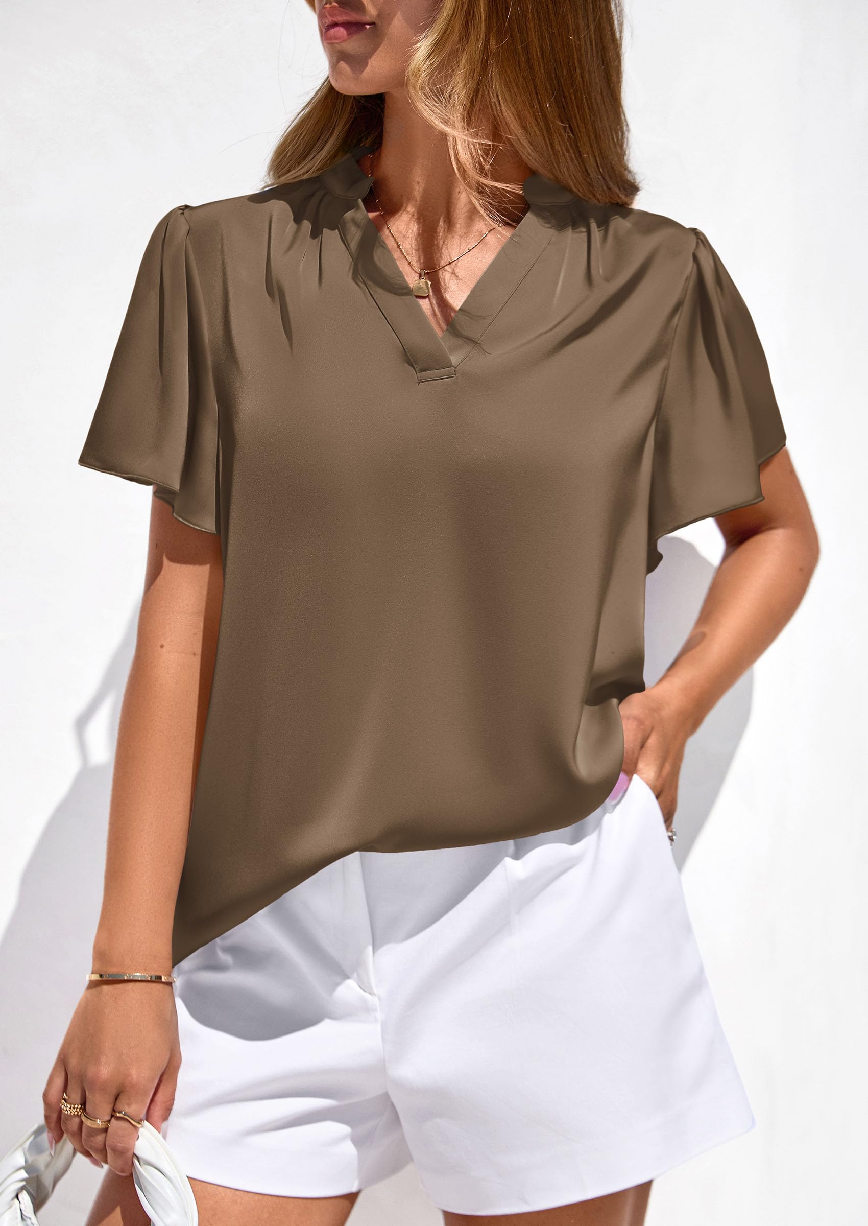 Women's Summer Satin Dressy Casual Blouses (Brown,S)