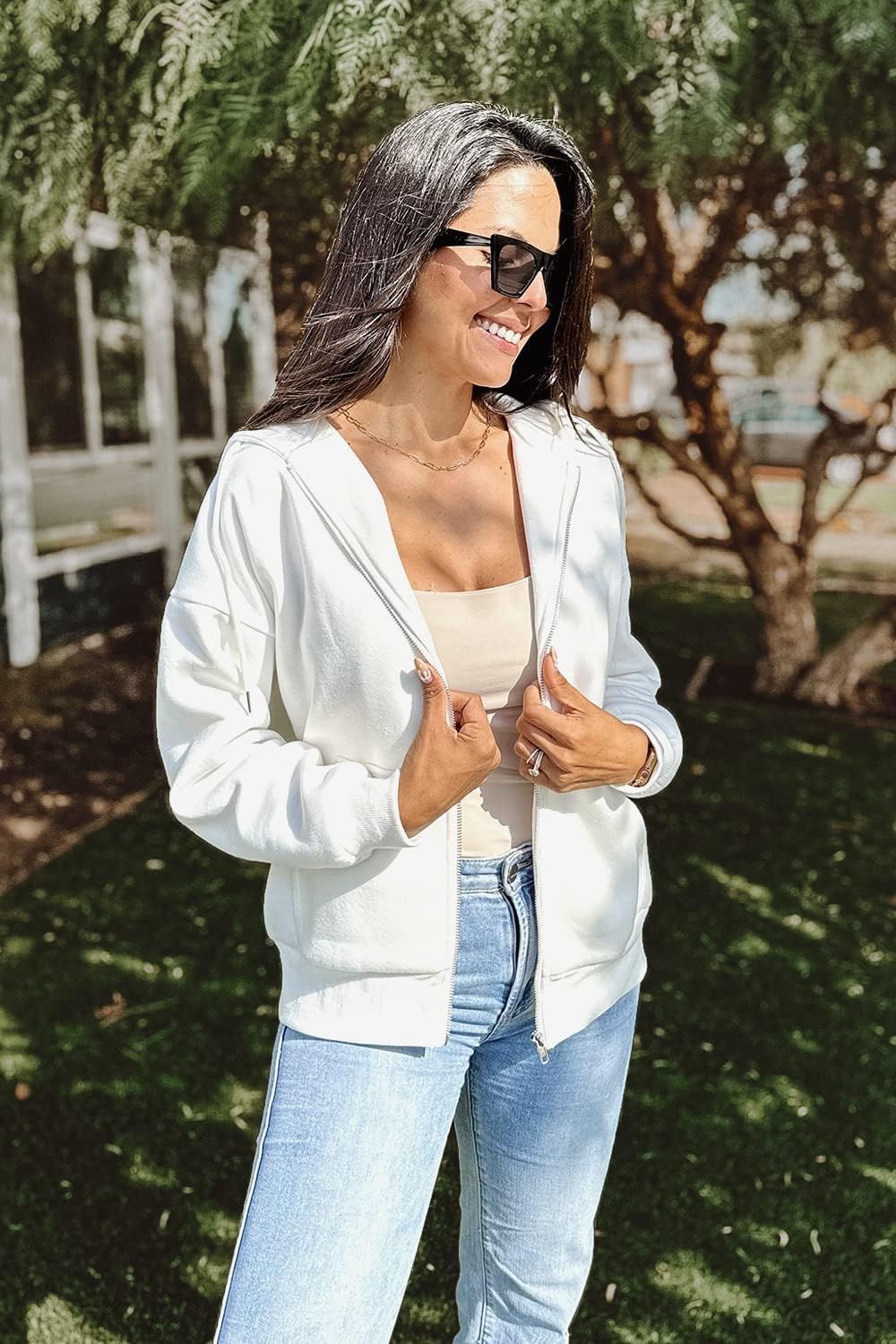Women's Fall Zip Up Hoodies Sweatshirts White