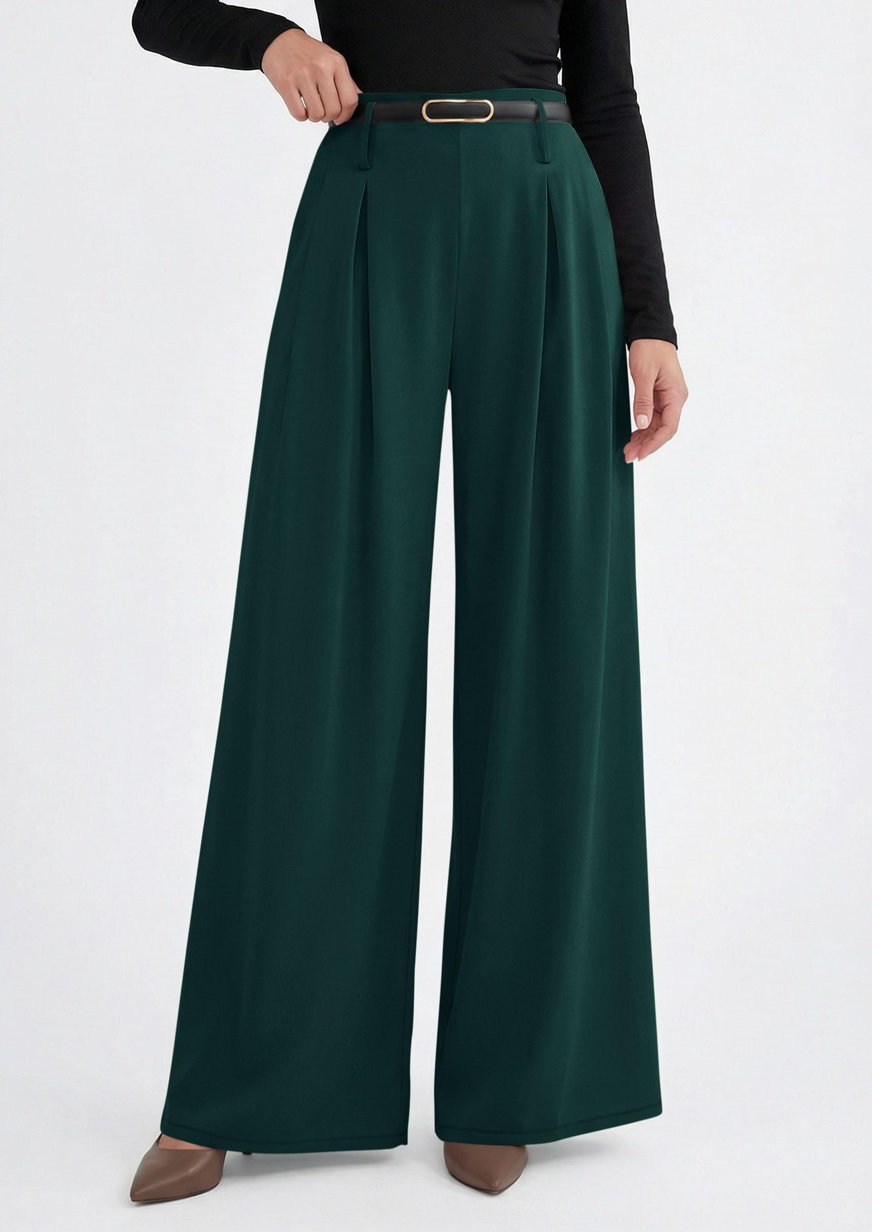 Womens Wide Leg Dress Pants Flowy Trousers,Dark Green,S