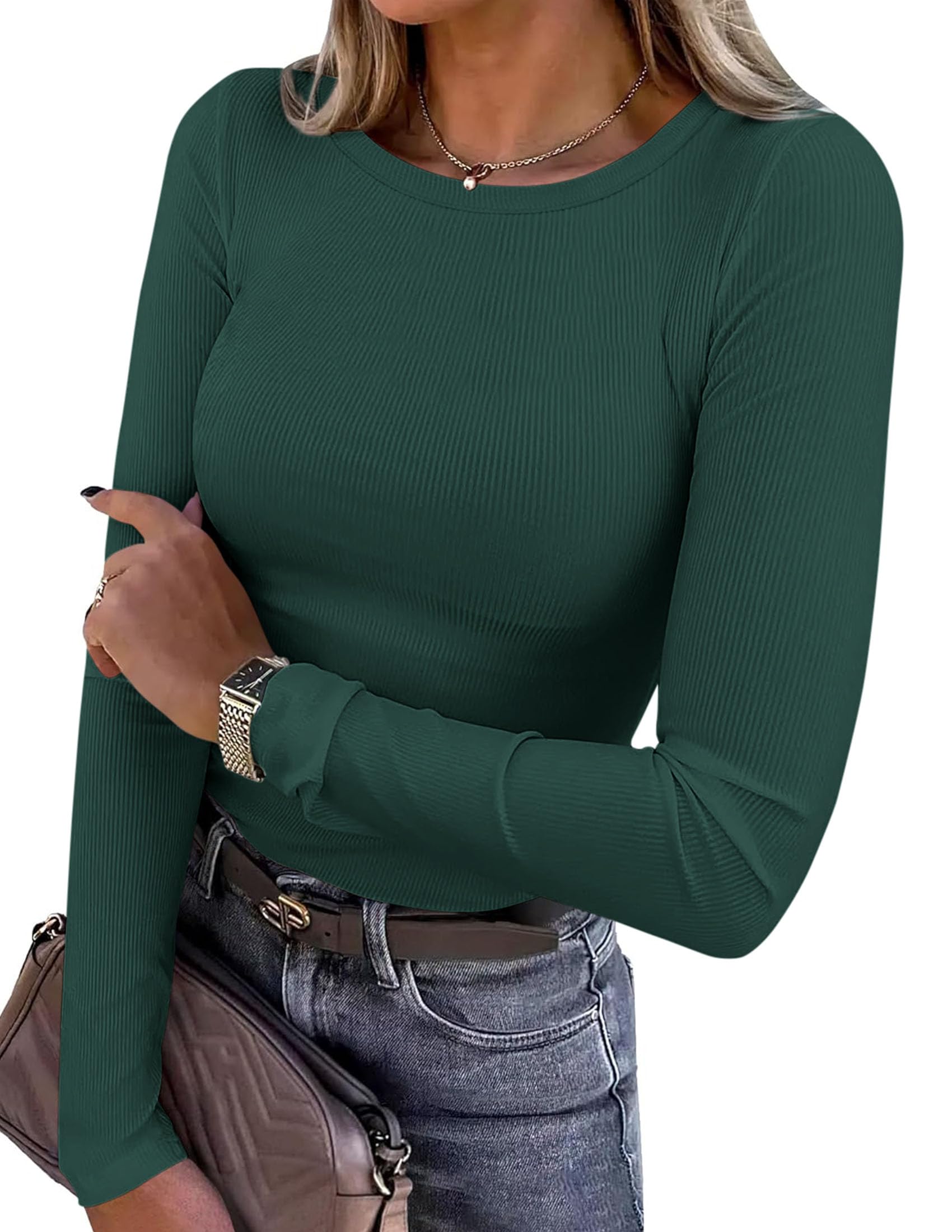 Women's Fall Long Sleeve Shirts Basic Tees (Dark Green,XS)