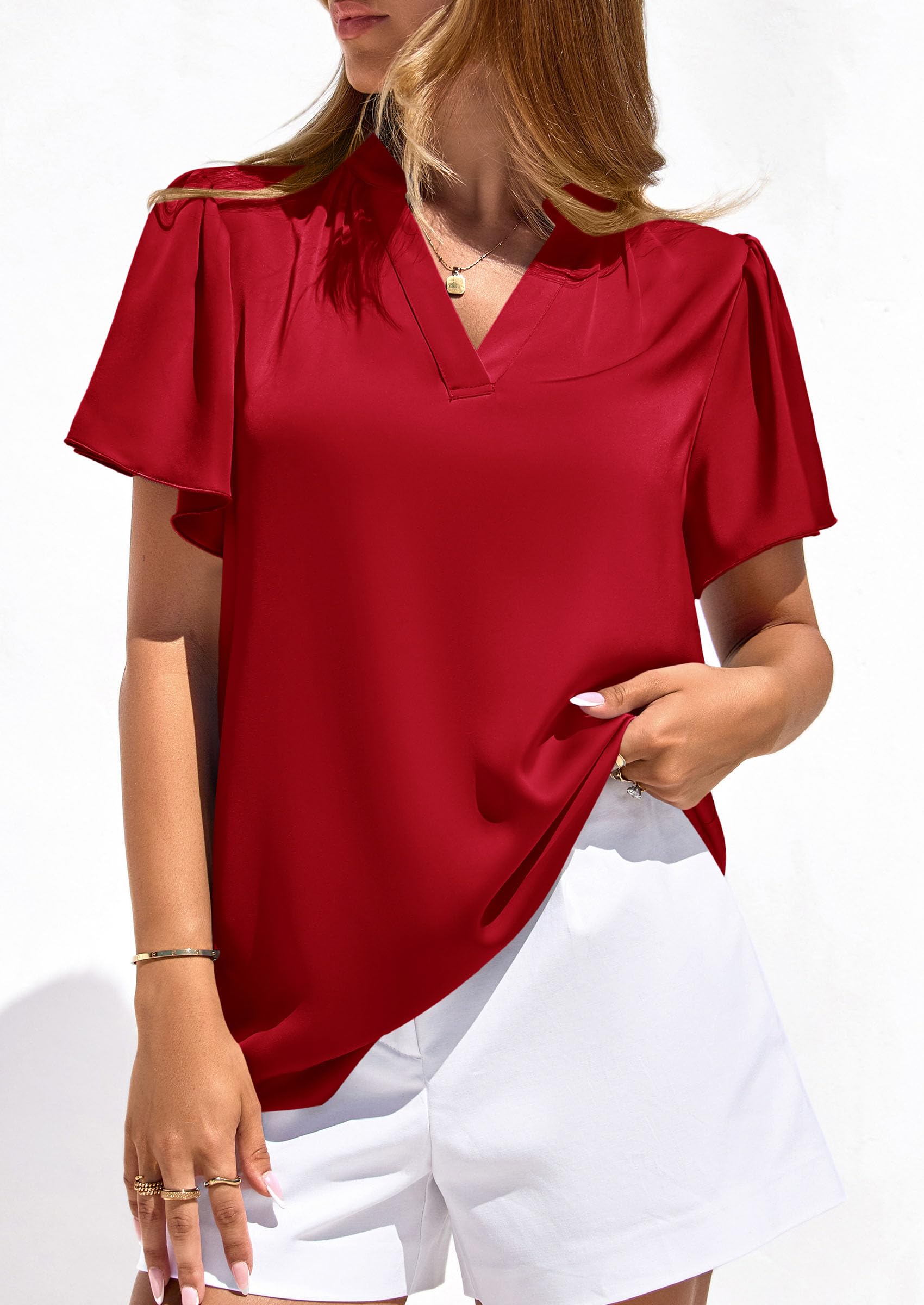 Women's Summer Satin Dressy Casual Blouses (Red,S)