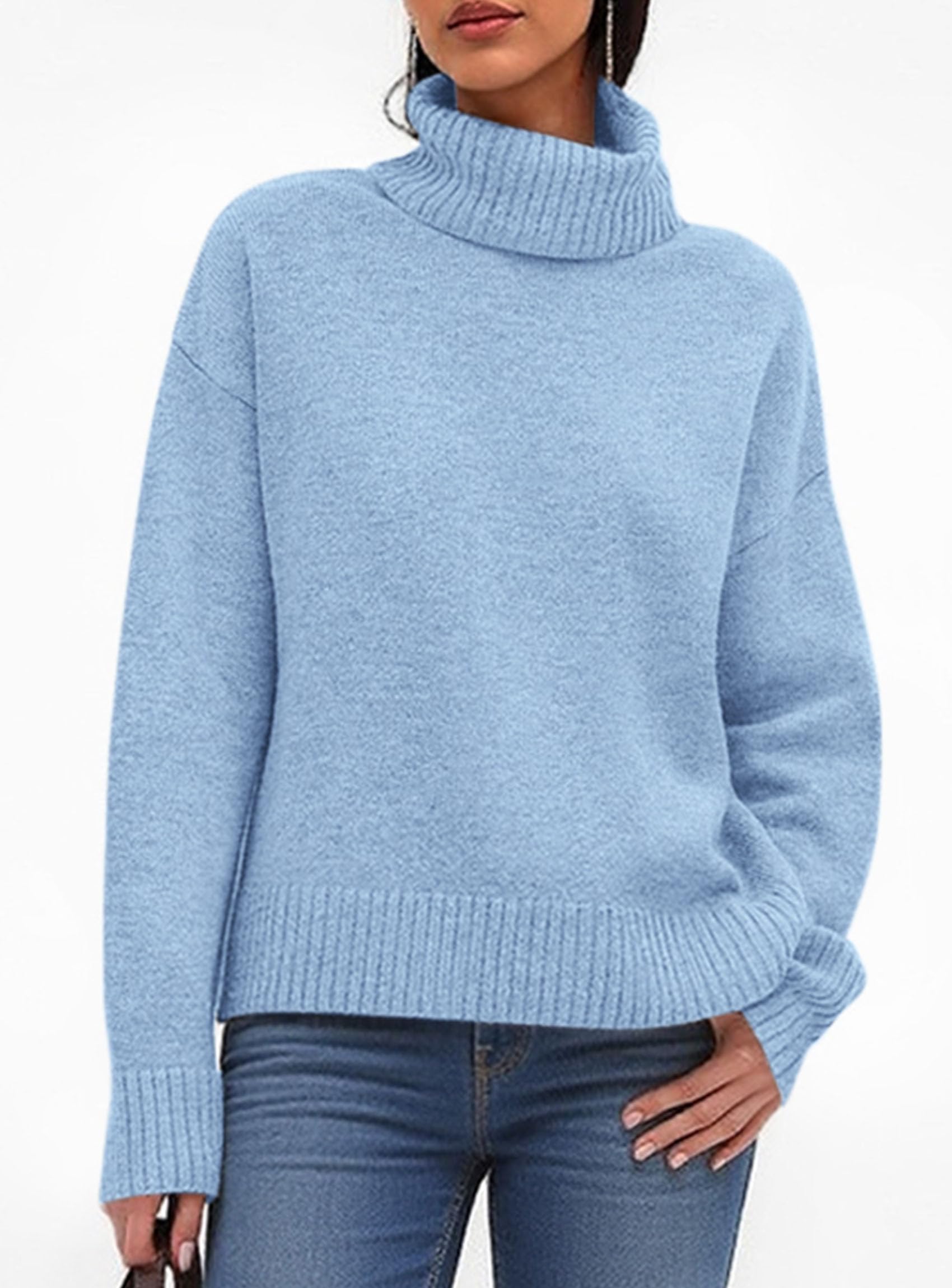 Womens Turtleneck Long Sleeve Knit Sweater,Light Blue,S