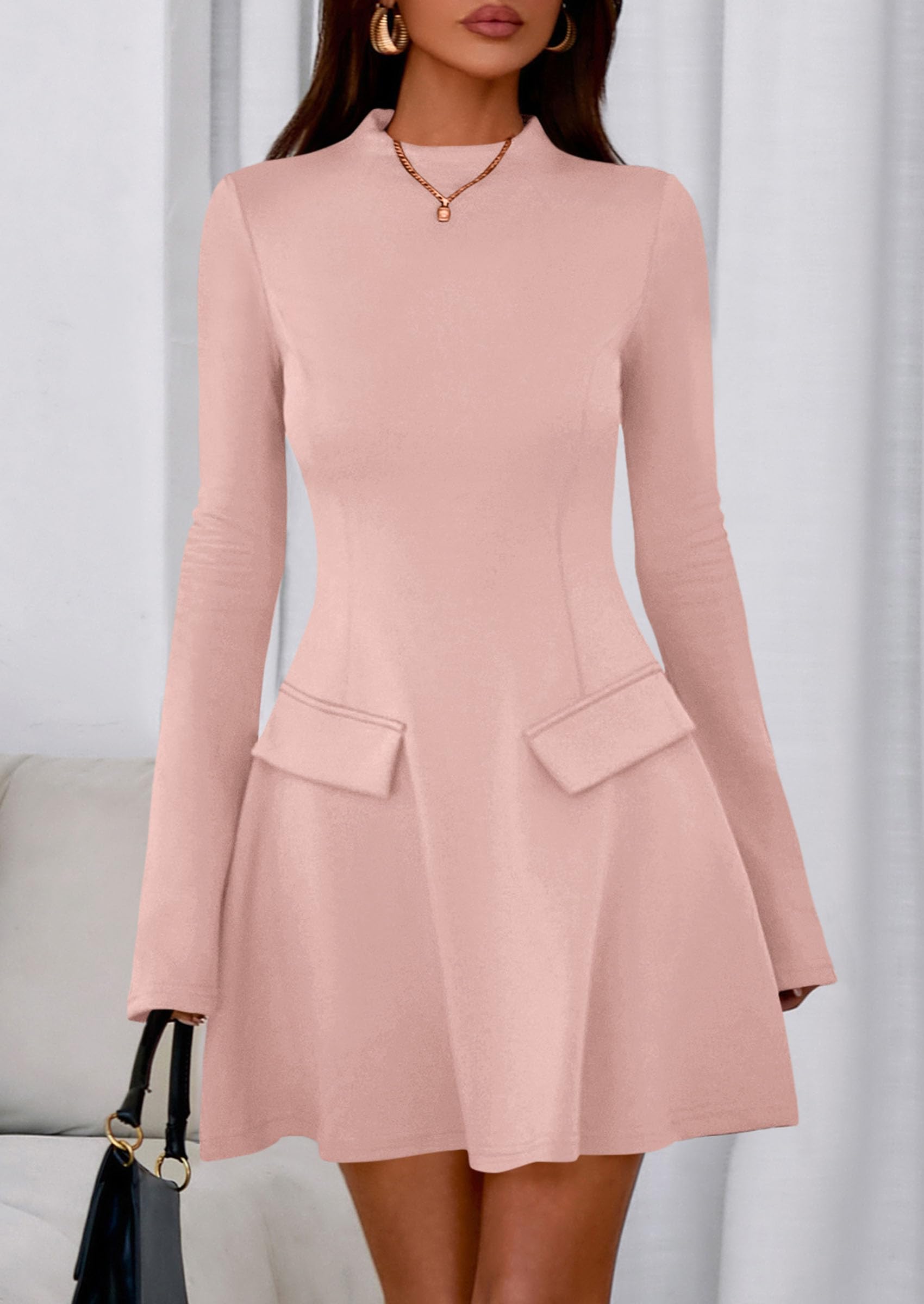 Women's Fall Bell Sleeve Short Dress,Light Pink,XS