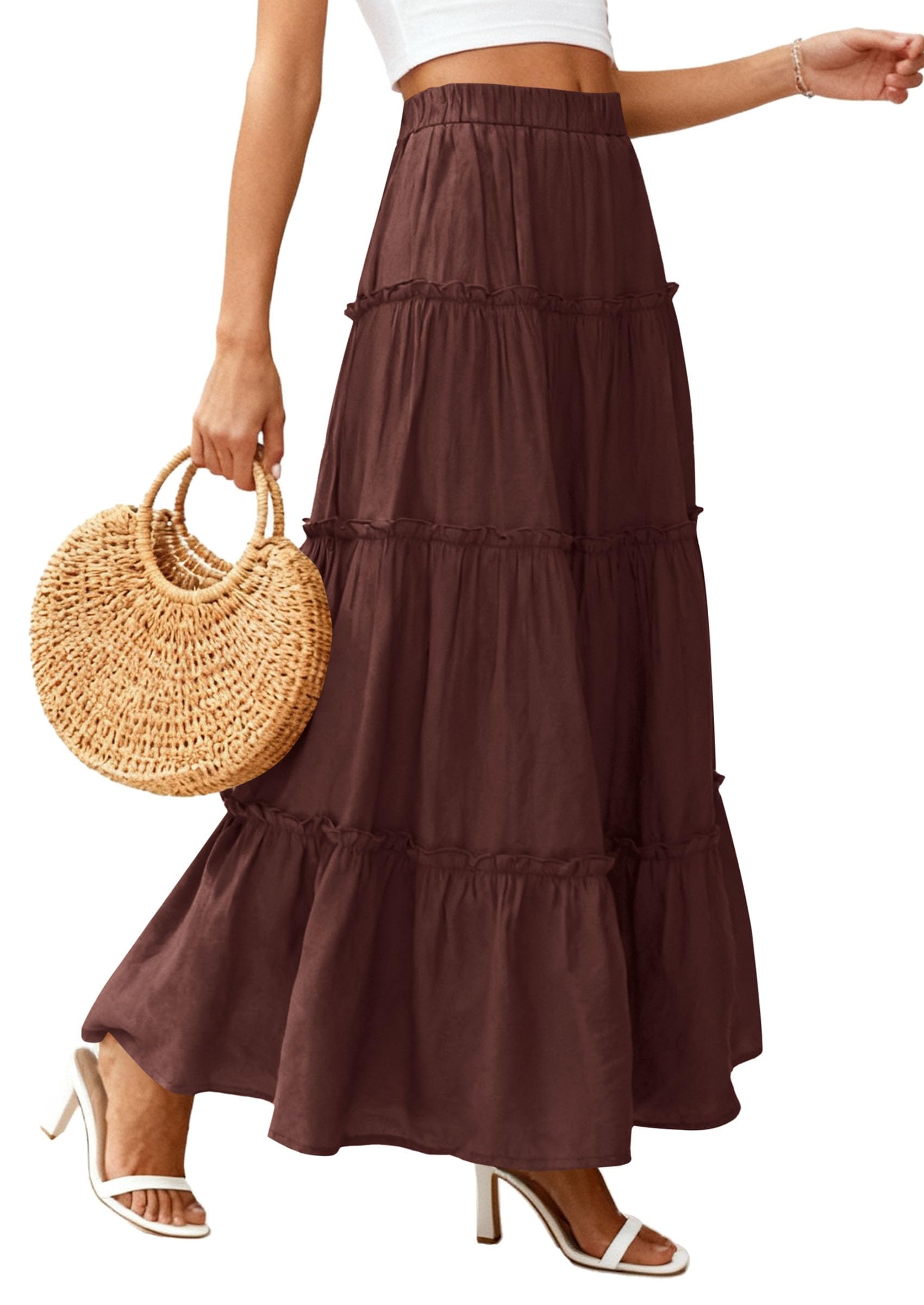 Women's Boho Tiered Ruffle Flowy Maxi Skirt, Dark Brown,S