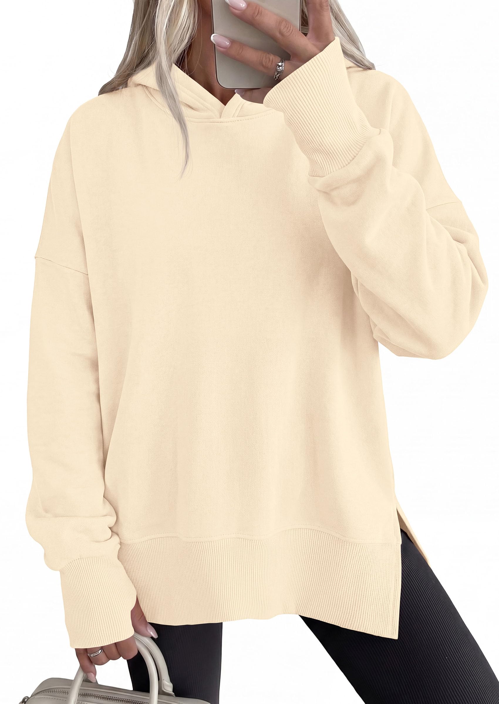 Womens Oversized Hoodies Side Slit Sweatshirts Apricot,S