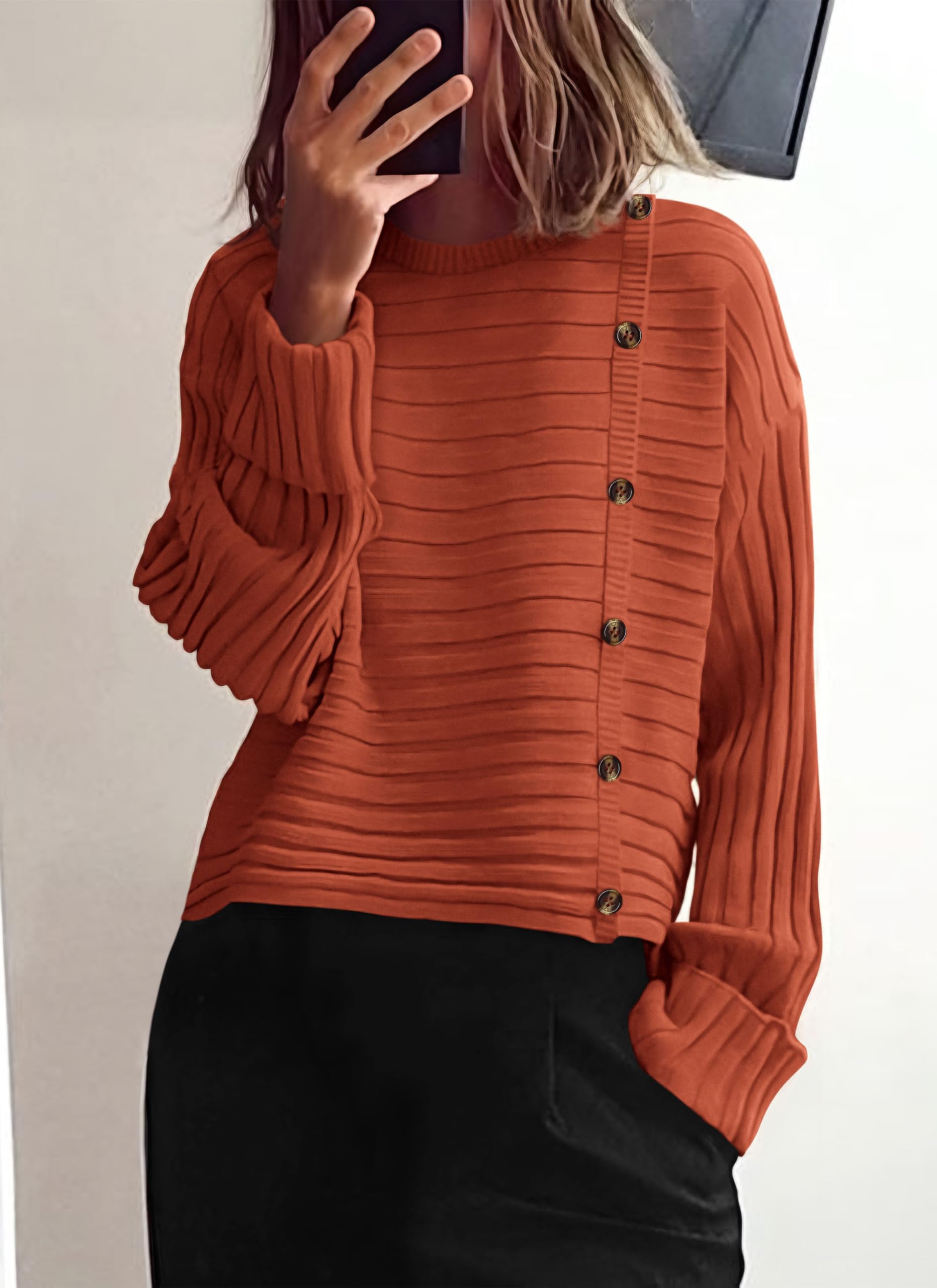 Womens Asymmetric Button Long Sleeve Sweater,Rust Red,S