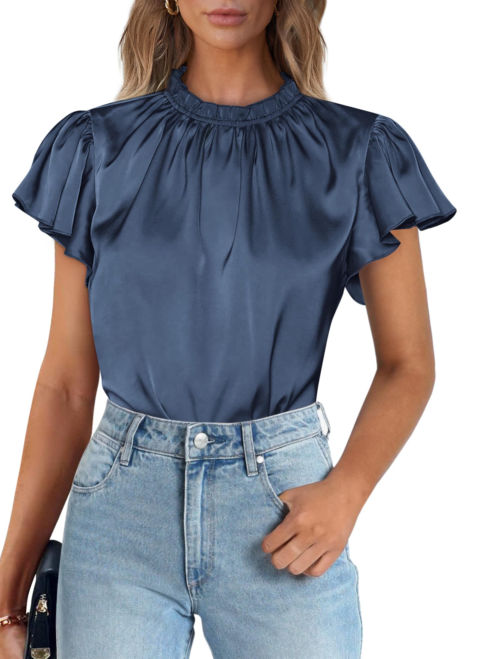 Women's Satin Tops Business Casual Work Blouses, Grey Blue,M