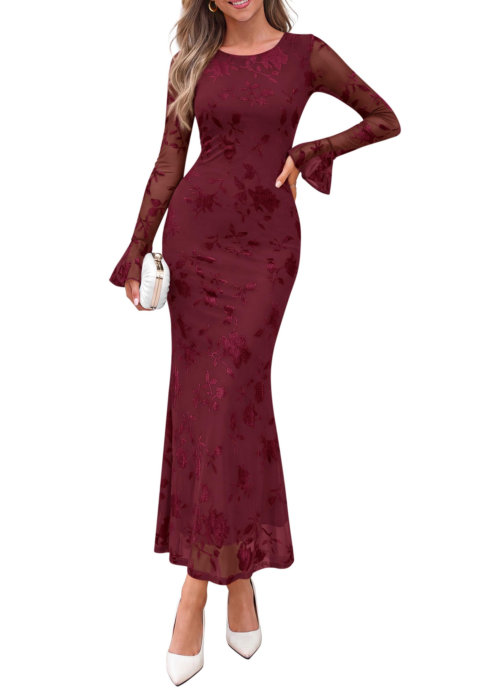 Women's Long Sleeve Maxi Floral Mesh Fall Wedding Guest Dress