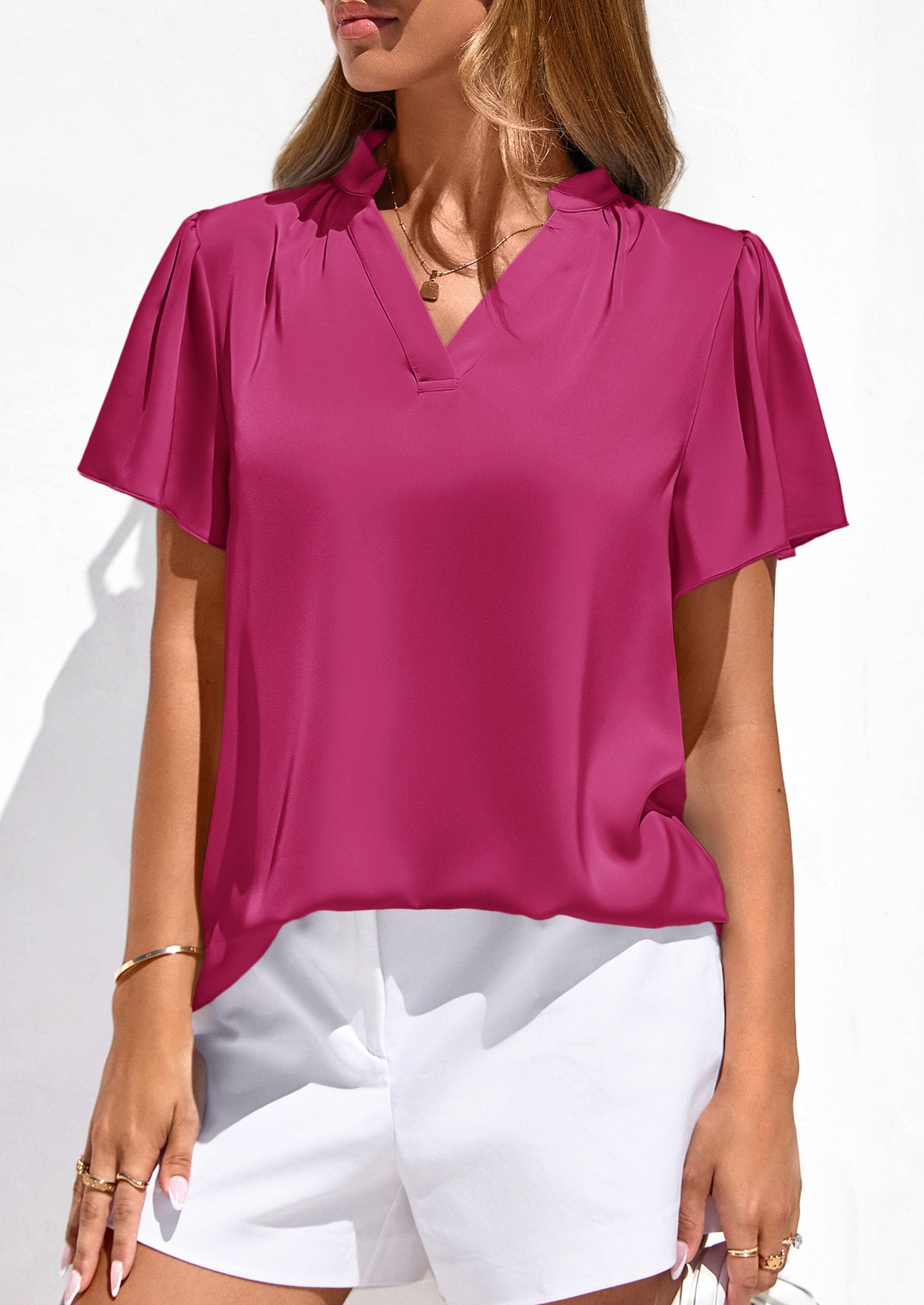 Women's Summer Satin Dressy Casual Blouses (Rose Purple,S)