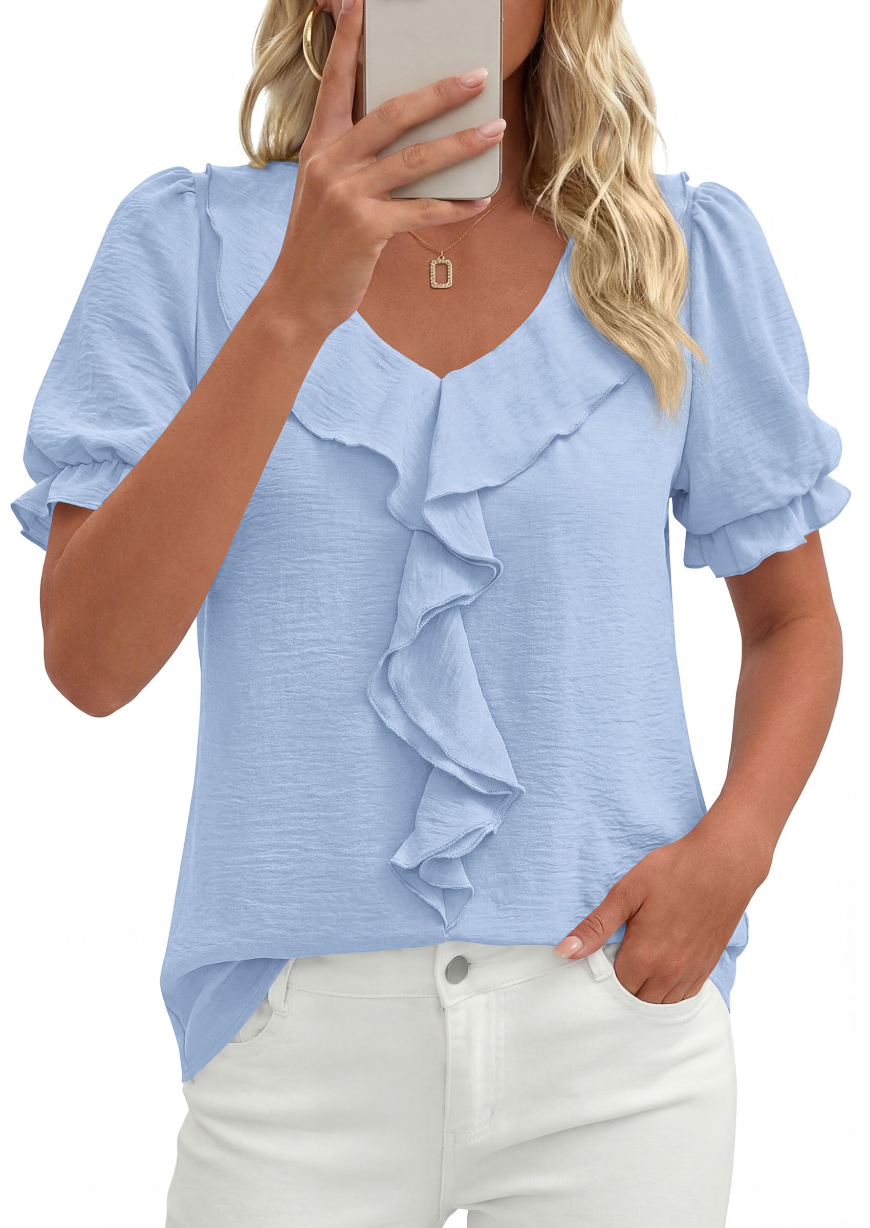 Women's Summer Ruffle Dressy Casual Blouses (Light Blue,S)
