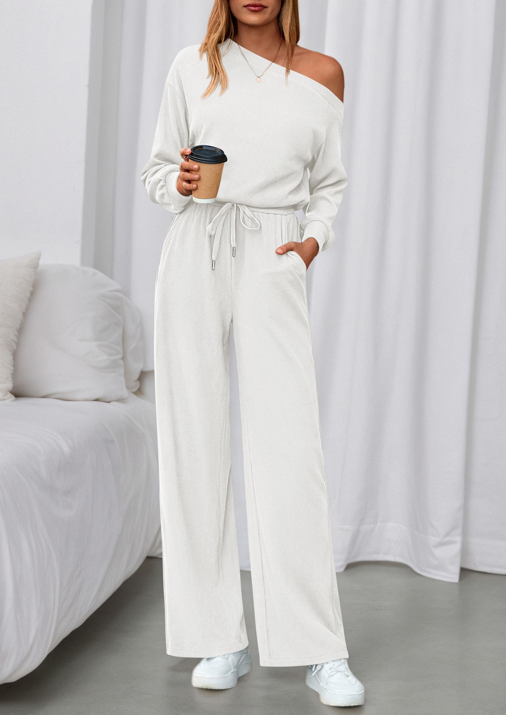 Womens Off Shoulder Long Sleeve Jumpsuit,White,M