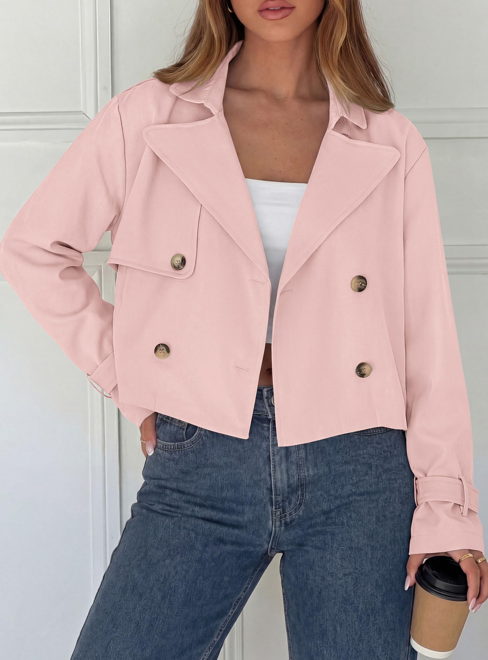 Cropped Trench Coat For Women Short Jacket,Pink,S