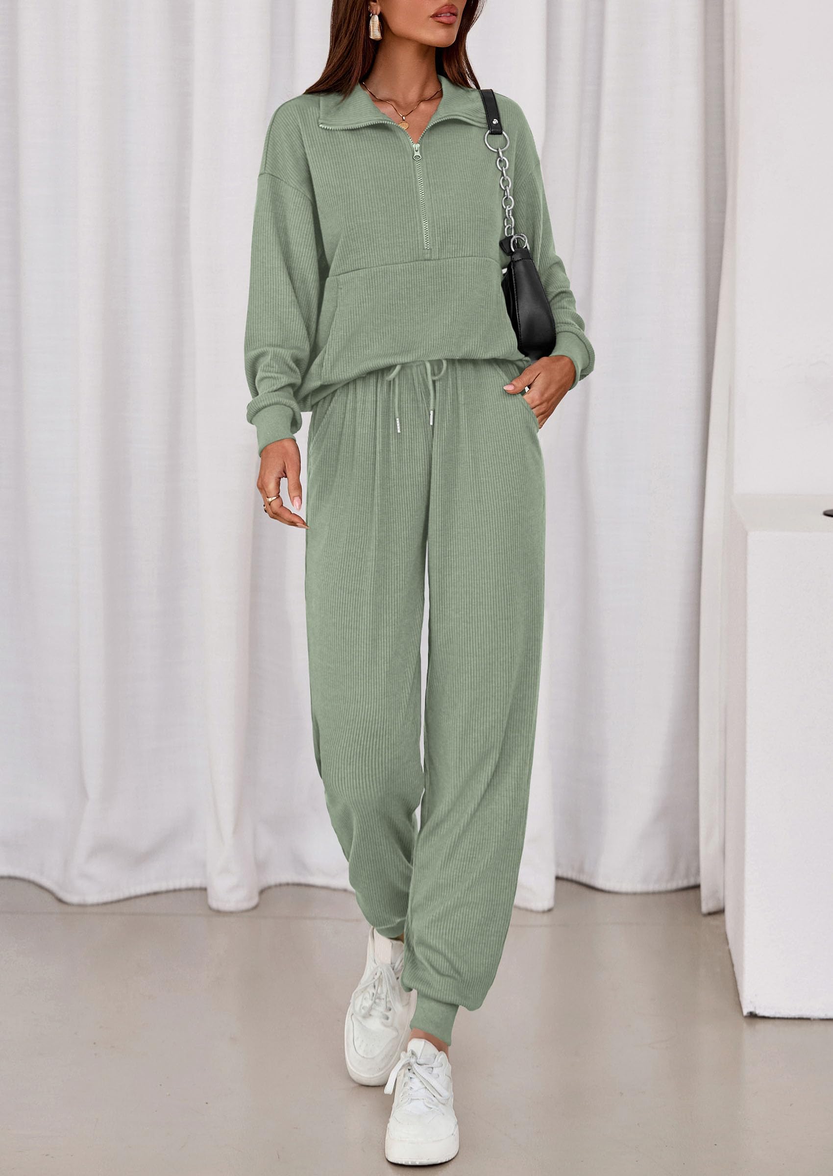 Airport Travel Outfit Women Ribbed Knit Matching Lounge Sets