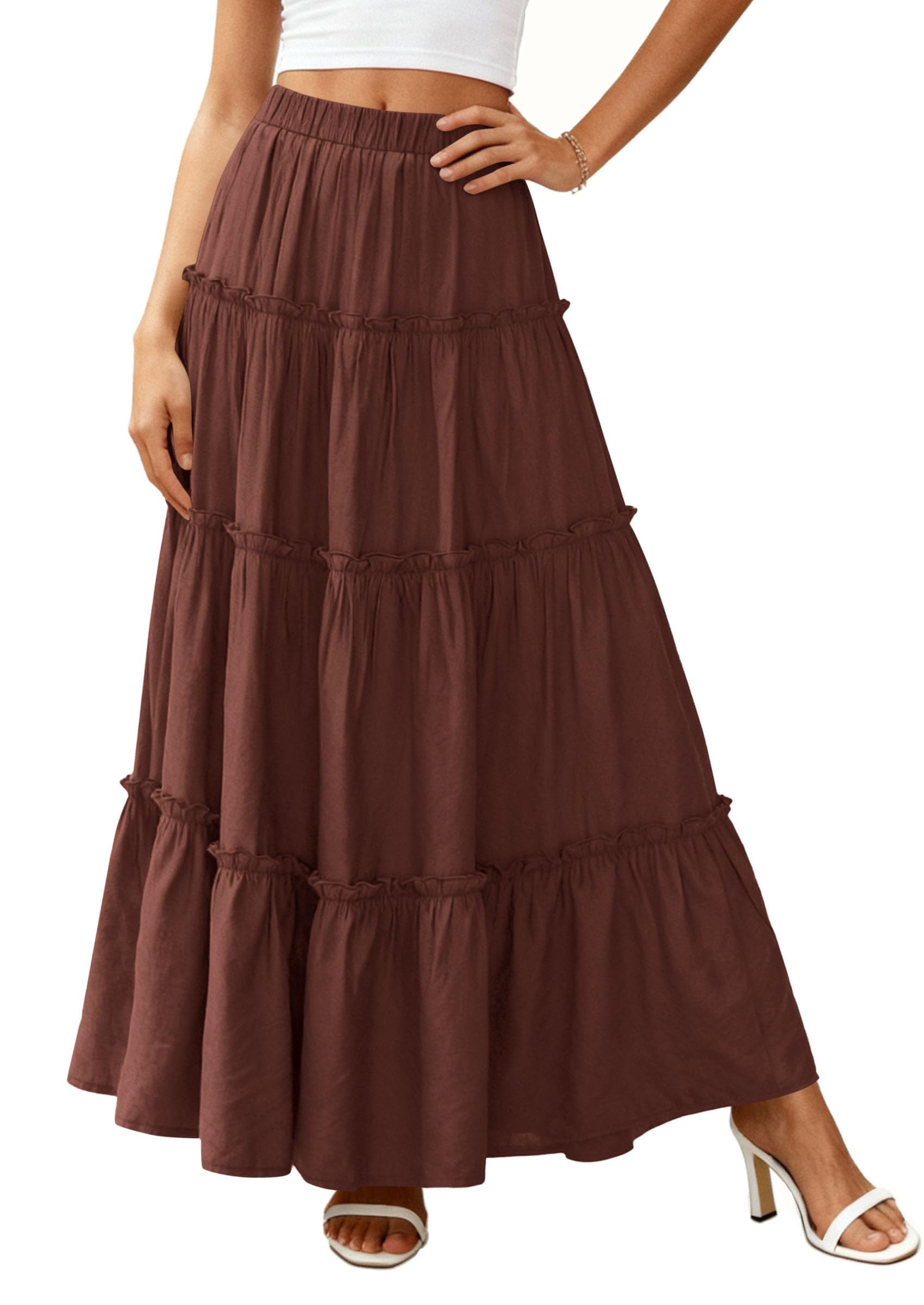 Women's Boho Tiered Ruffle Flowy Maxi Skirt, Brown,S