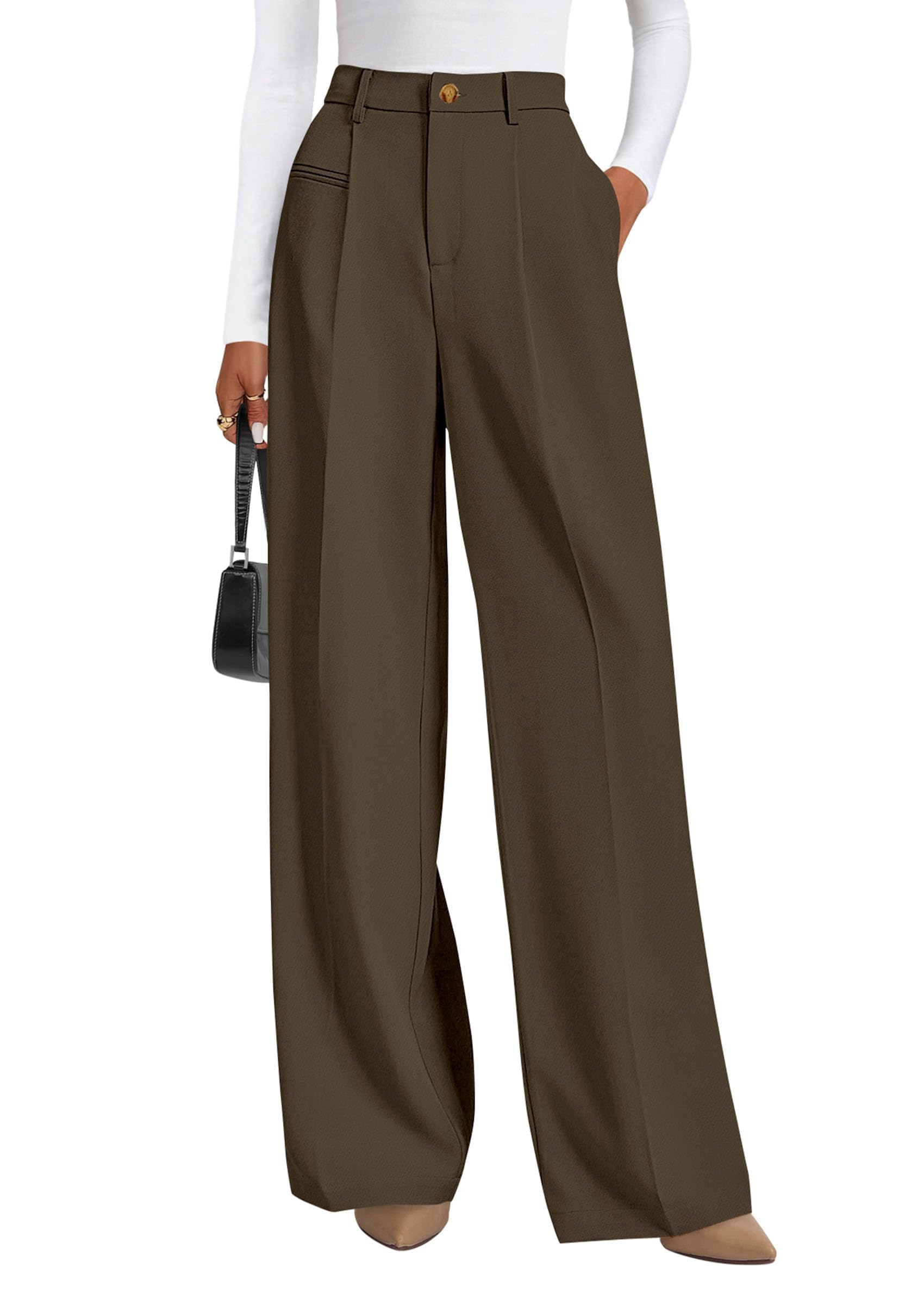 Women's Tailored Wide Leg Work Dress Pants,Coffee,S