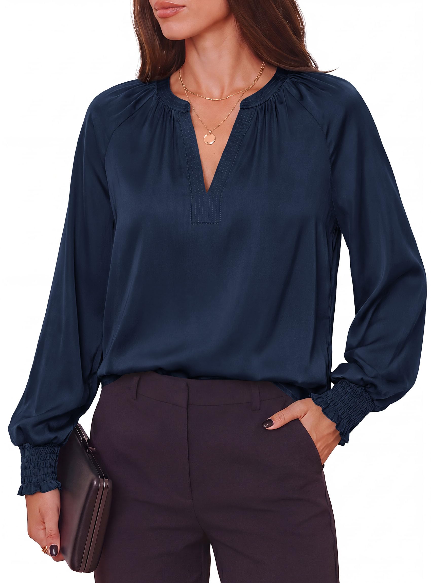 Women's Satin Blouses V Neck Long Sleeve Tops,Navy Blue,S
