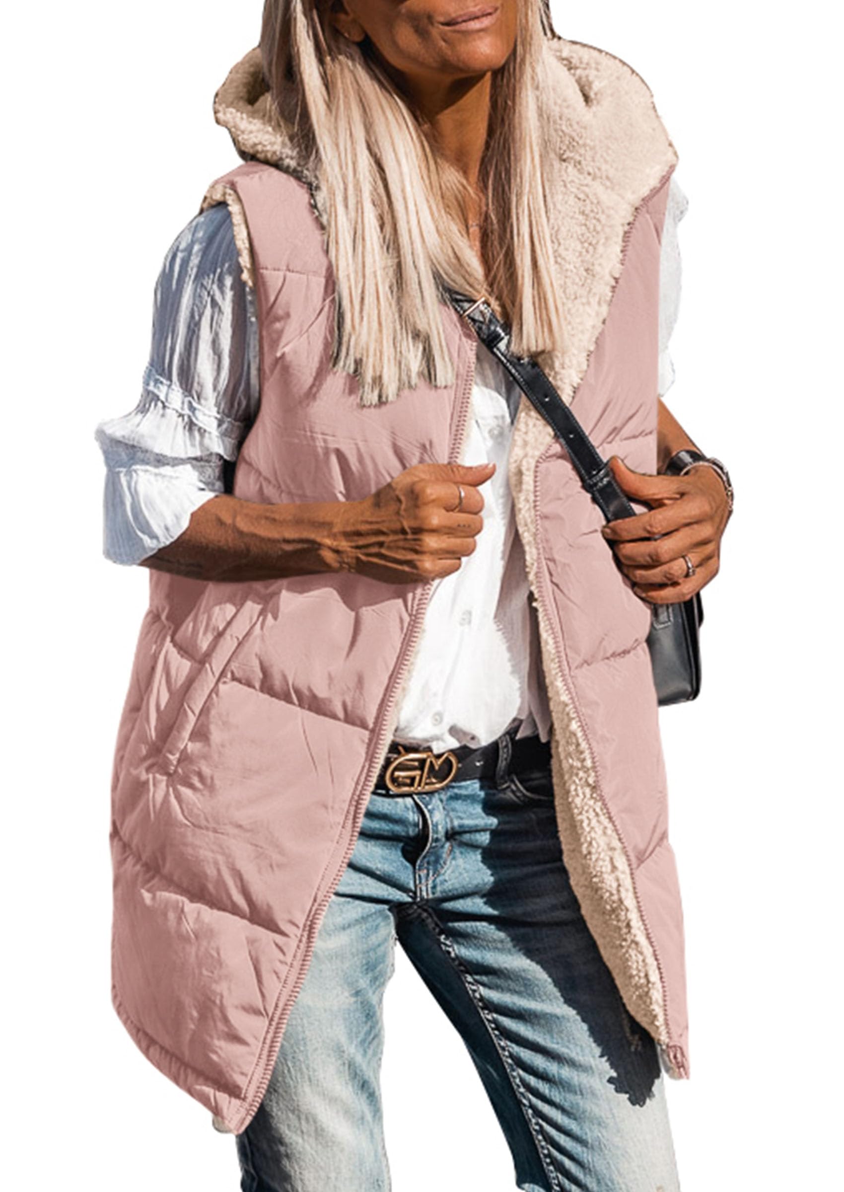 Women's Winter Reversible Fleece Long Vests(Light Pink,S)