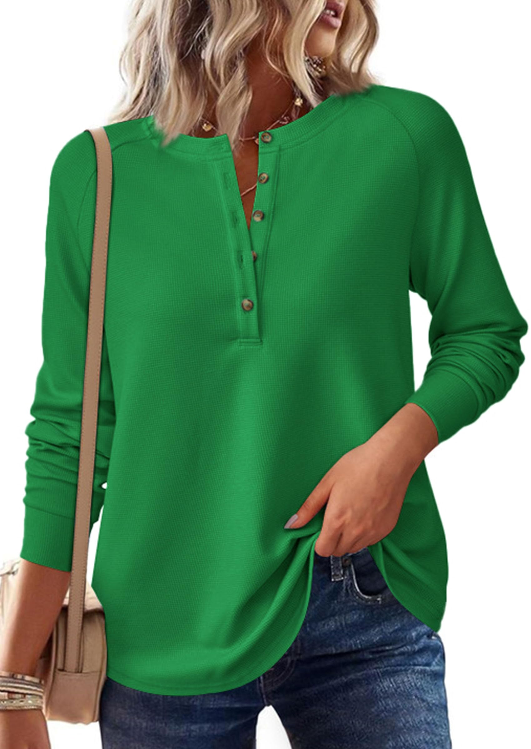Women's Long Sleeve Waffle Knit Henley Shirts Loose Tunic Tops