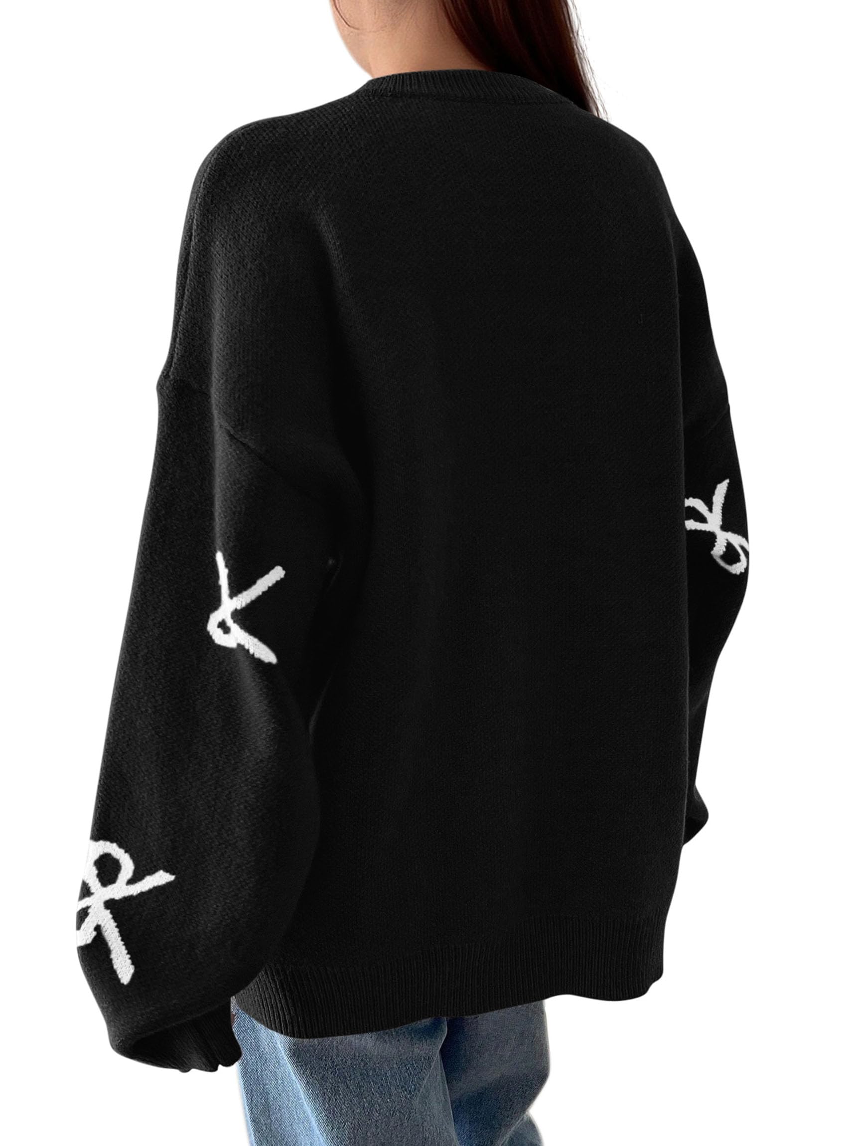 Fall Long Sleeve Pullover Sweaters for Women 2026 Trendy Crewneck Casual Cute Bow Chunky Knit Oversized Sweater (Black,Small)