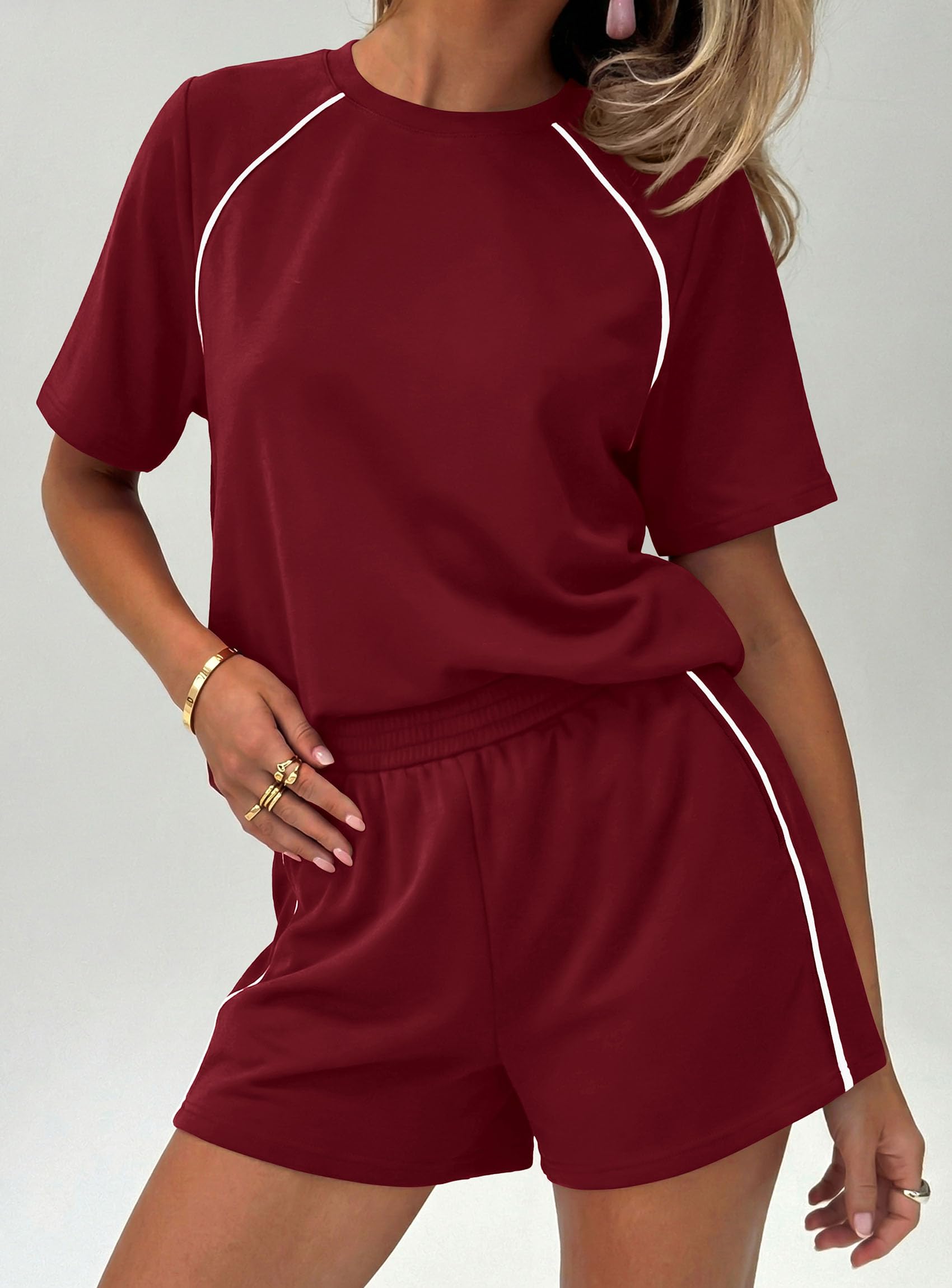 Womens 2 Piece Short Sets Casual Summer Outfits, Burgundy,S