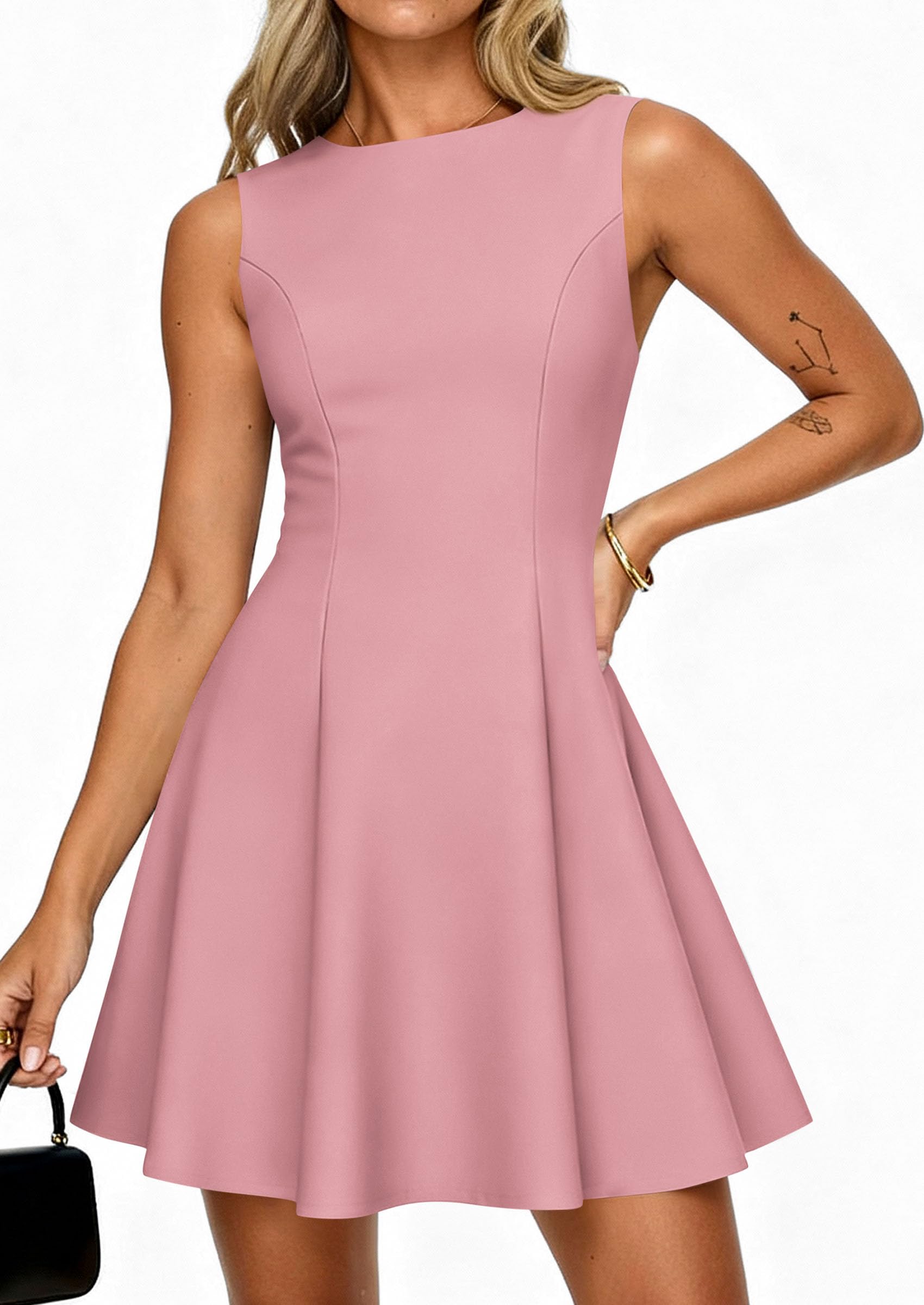 Women's Formal Boat Neck A Line Mini Dress,Pink,XS