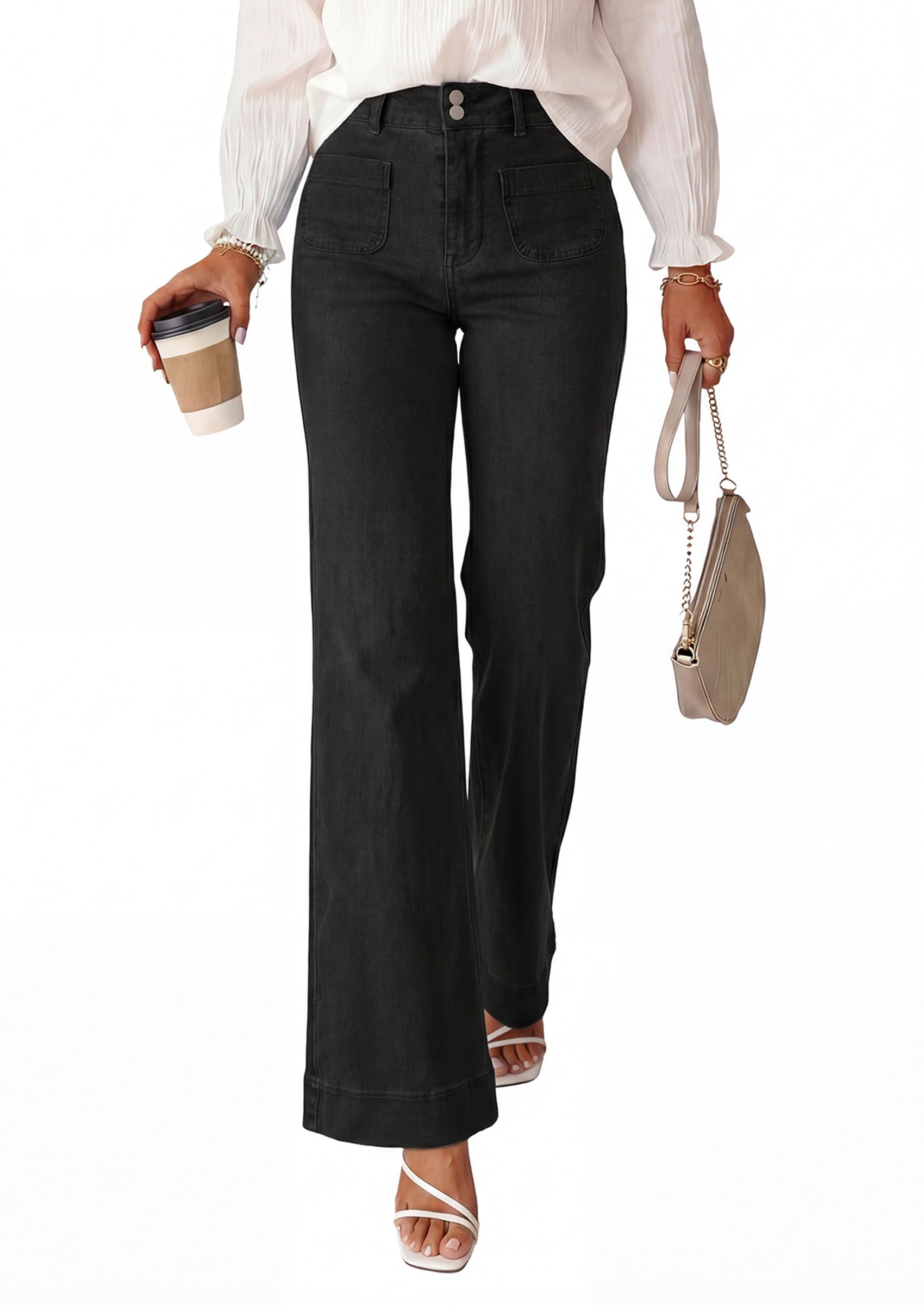 Womens Wide Leg High Waisted Trendy Jeans,Black,4