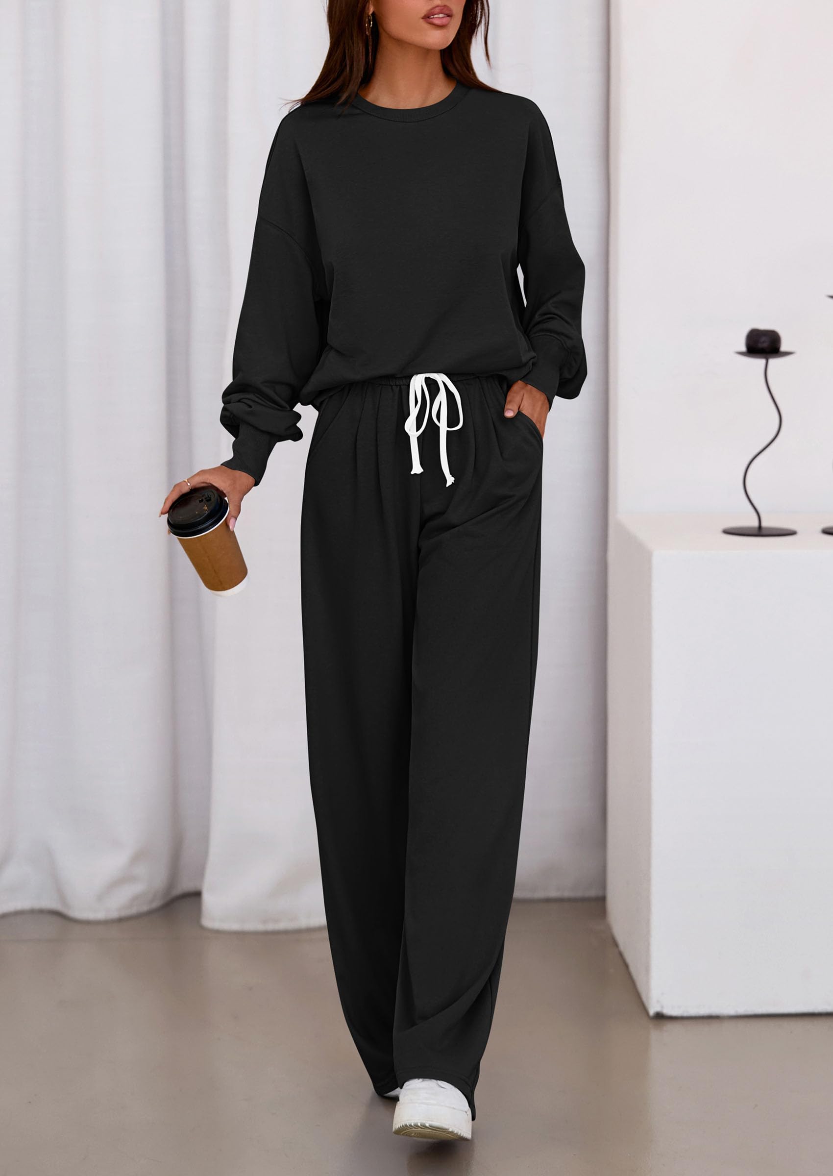 Womens Loose Fit Casual 2 Piece Lounge Set,Black,S