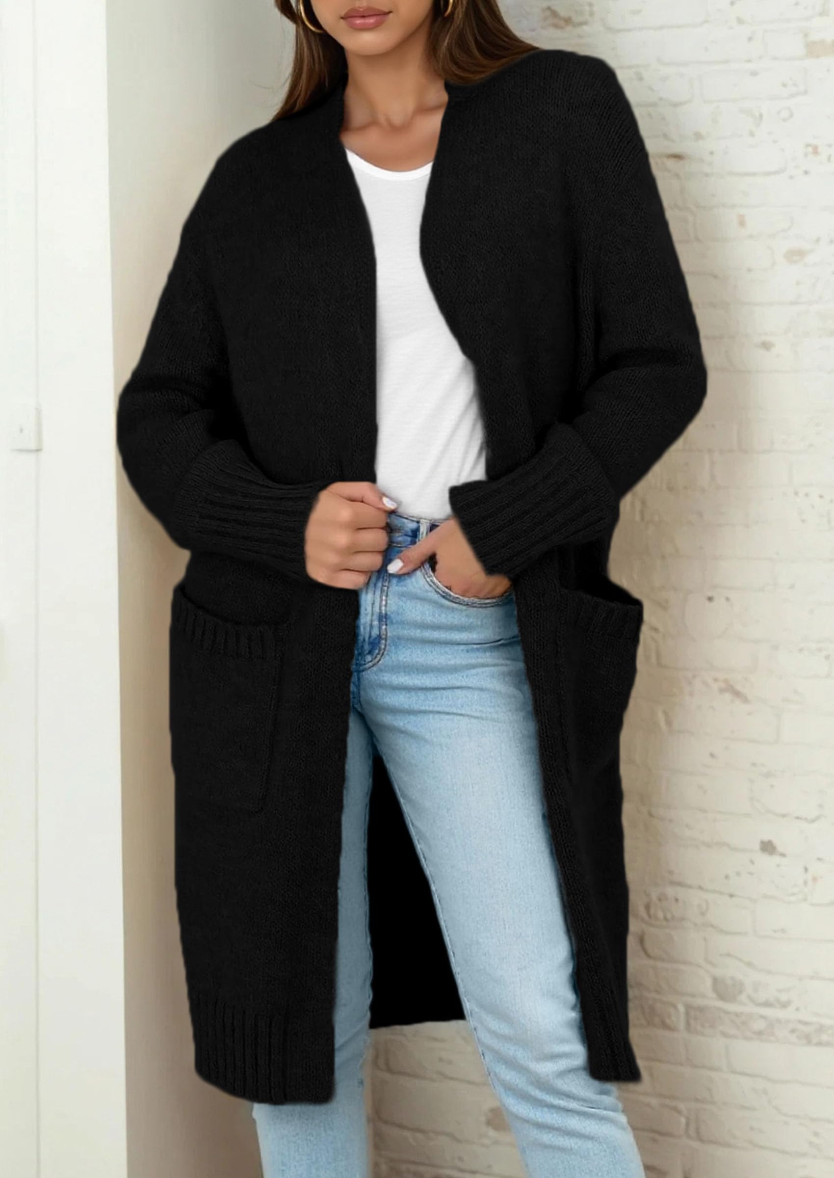 Open Front Cardigan Sweaters for Women,Black,S
