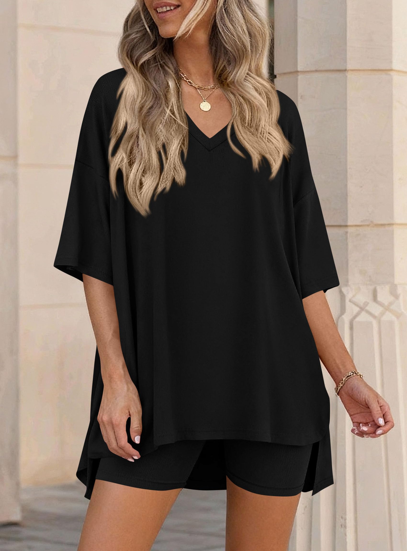 Womens 2 Piece Outfit Lounge Short Sets,Black,S