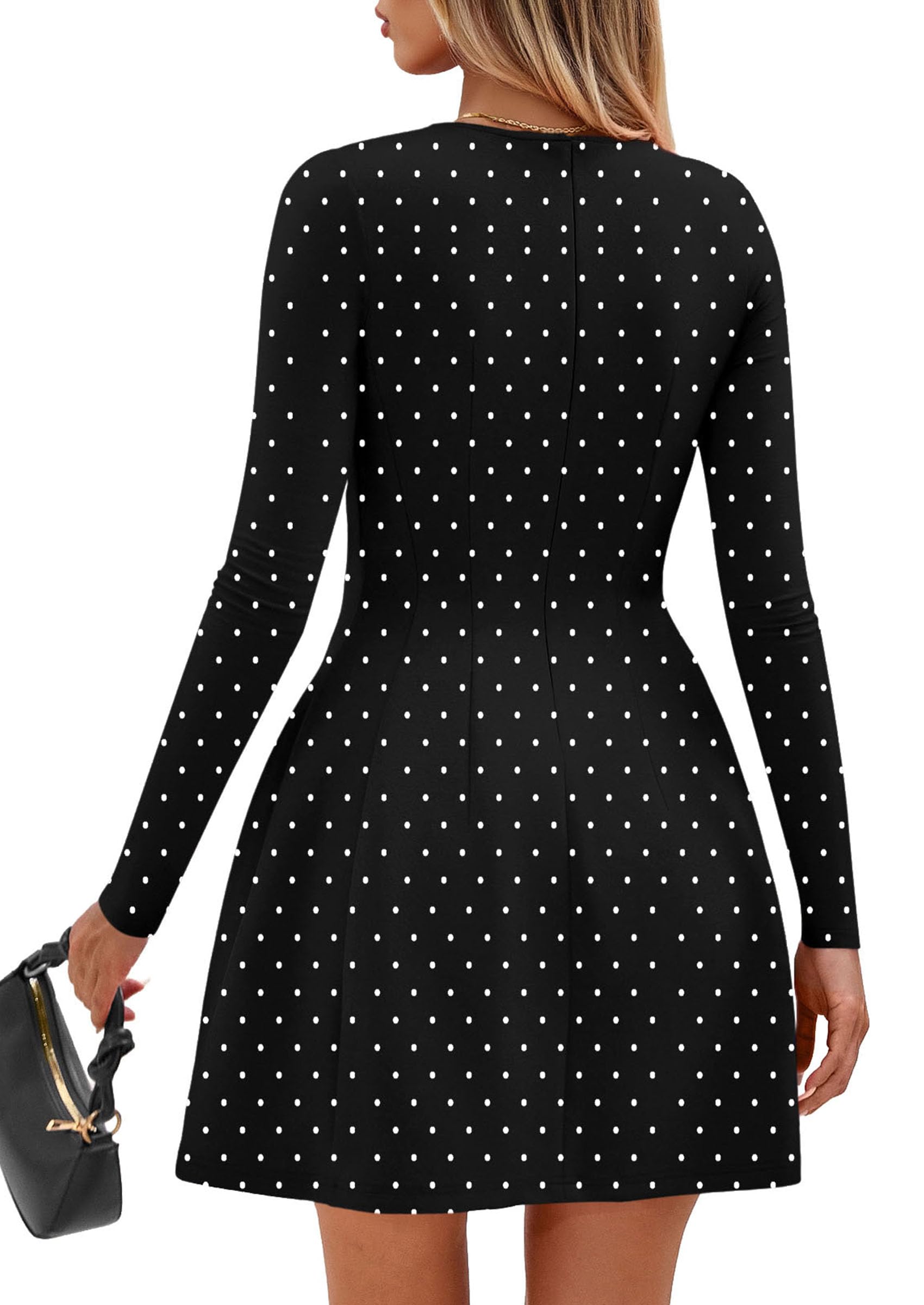 Womens Long Sleeve Pleated Mini Dress,Dot Black White,XS