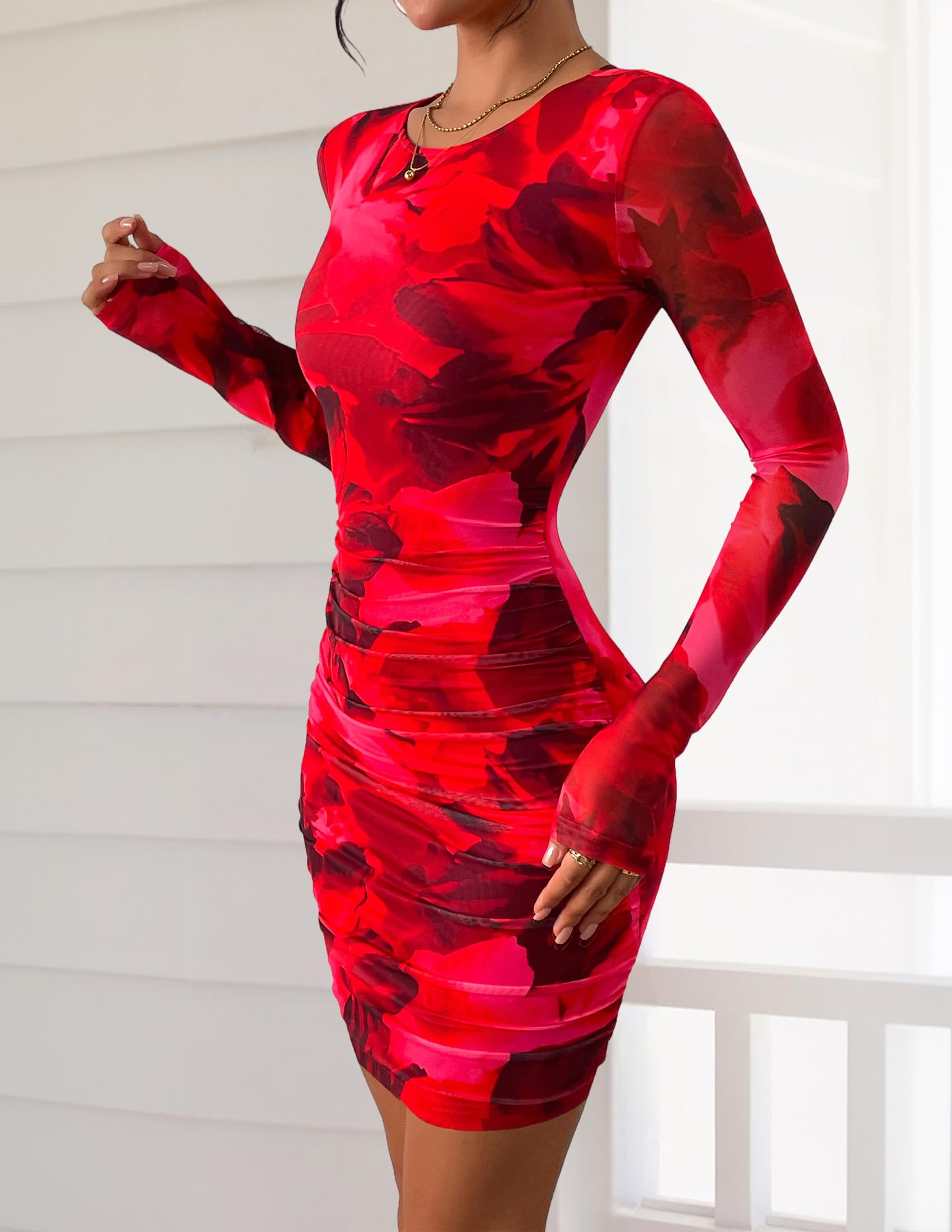 Mesh Mini Dresses for Women Long Sleeve Red Floral,XS