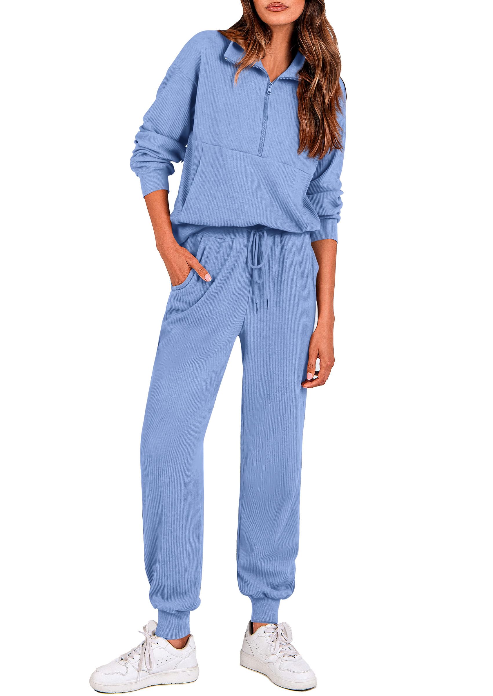 Airport Travel Outfit Women Ribbed Knit Matching Lounge Sets
