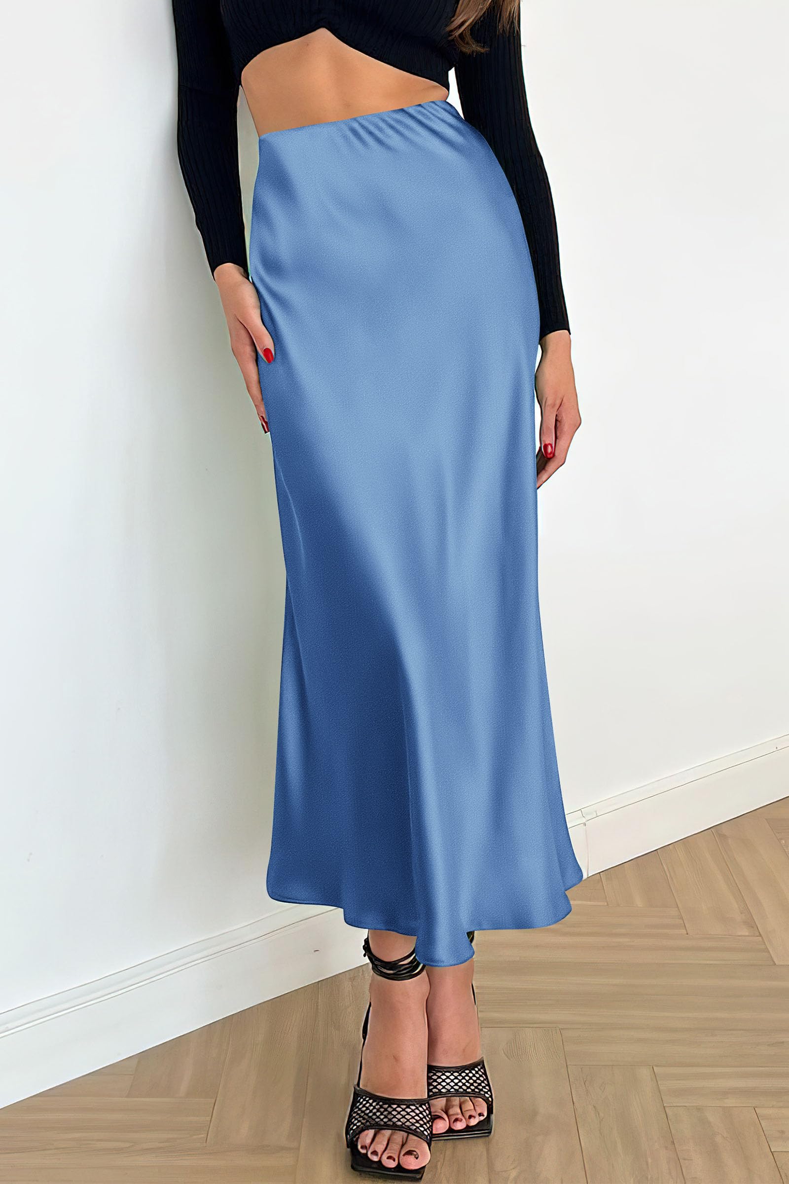 Women's Satin Midi Skirts Dressy Casual,Blue,S