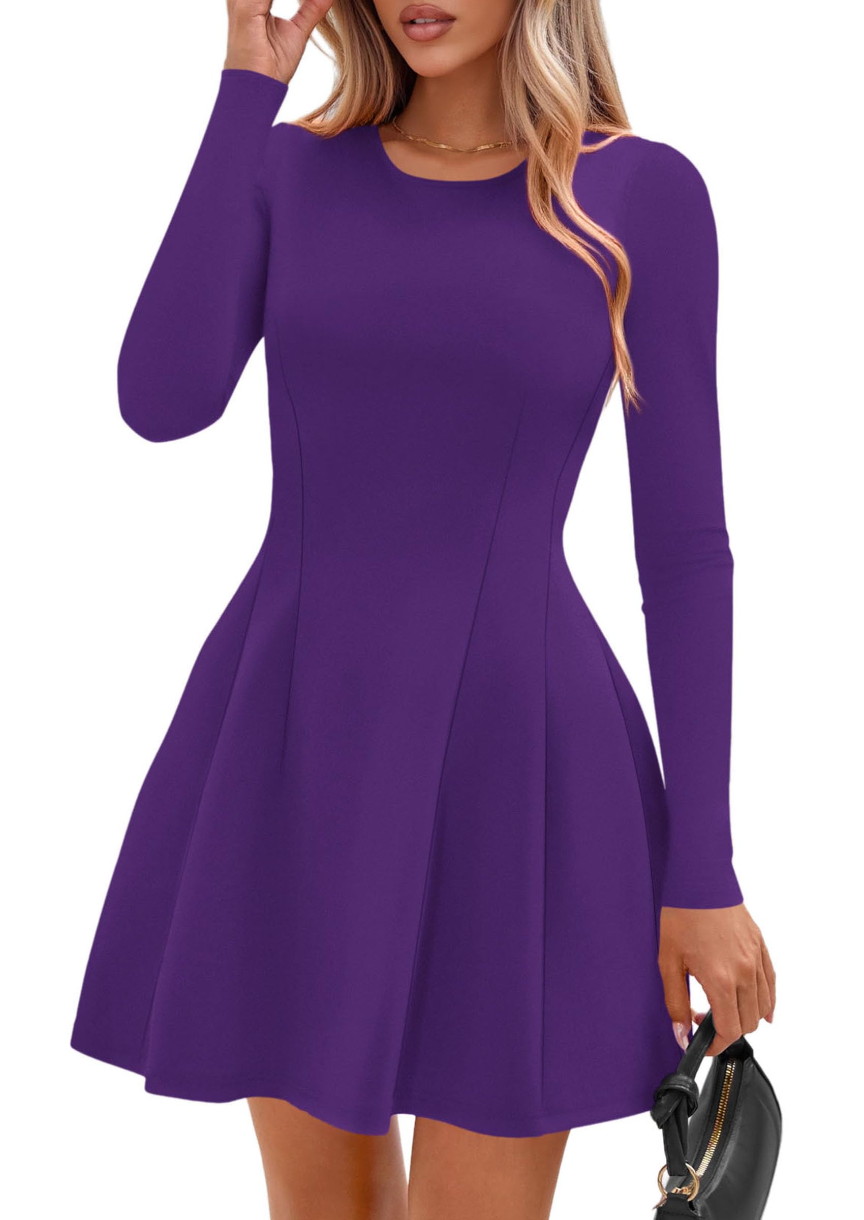 Womens Long Sleeve Pleated Mini Dress,Purple,XS