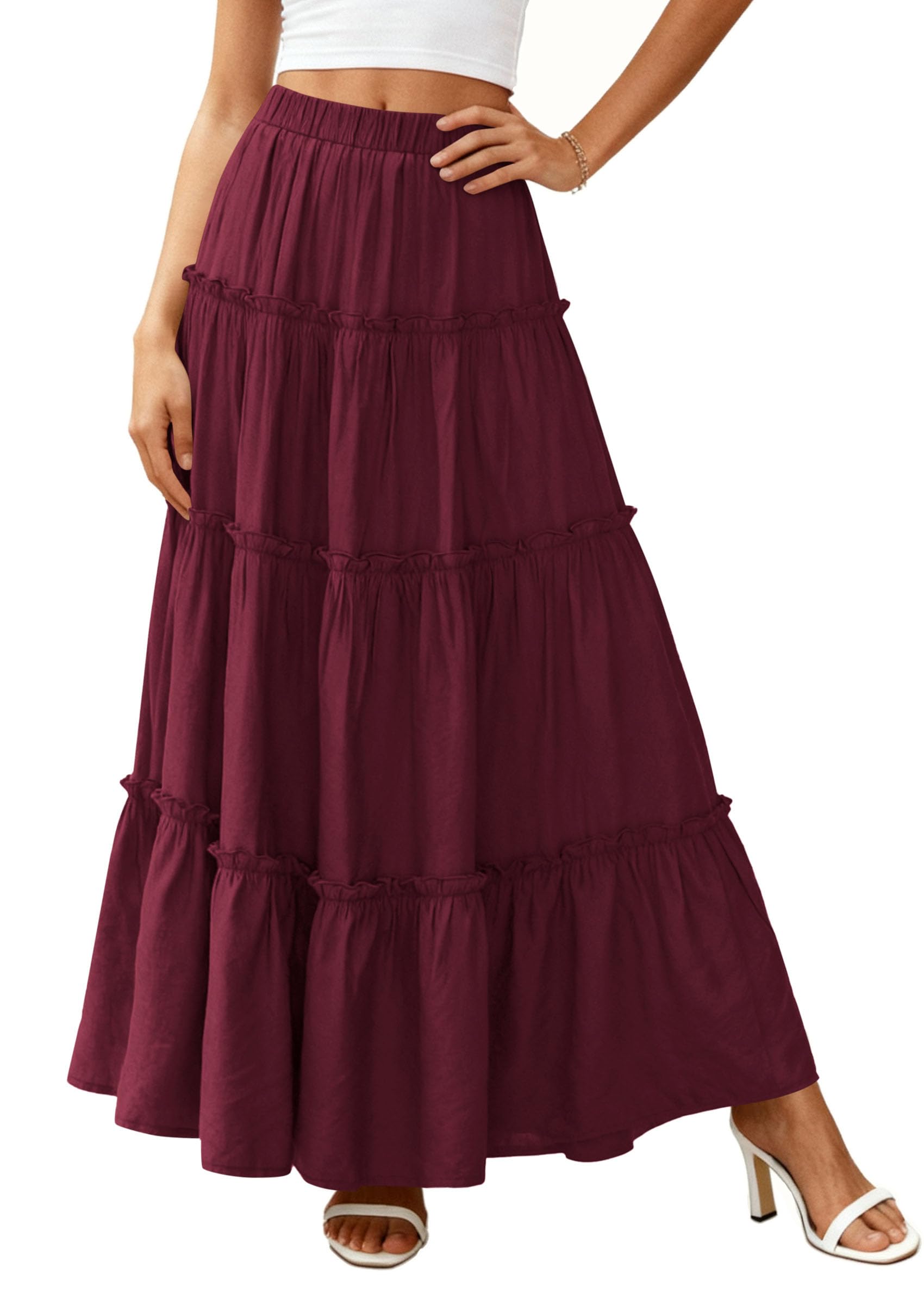 Women's Boho Tiered Ruffle Flowy Maxi Skirt, Burgundy,S