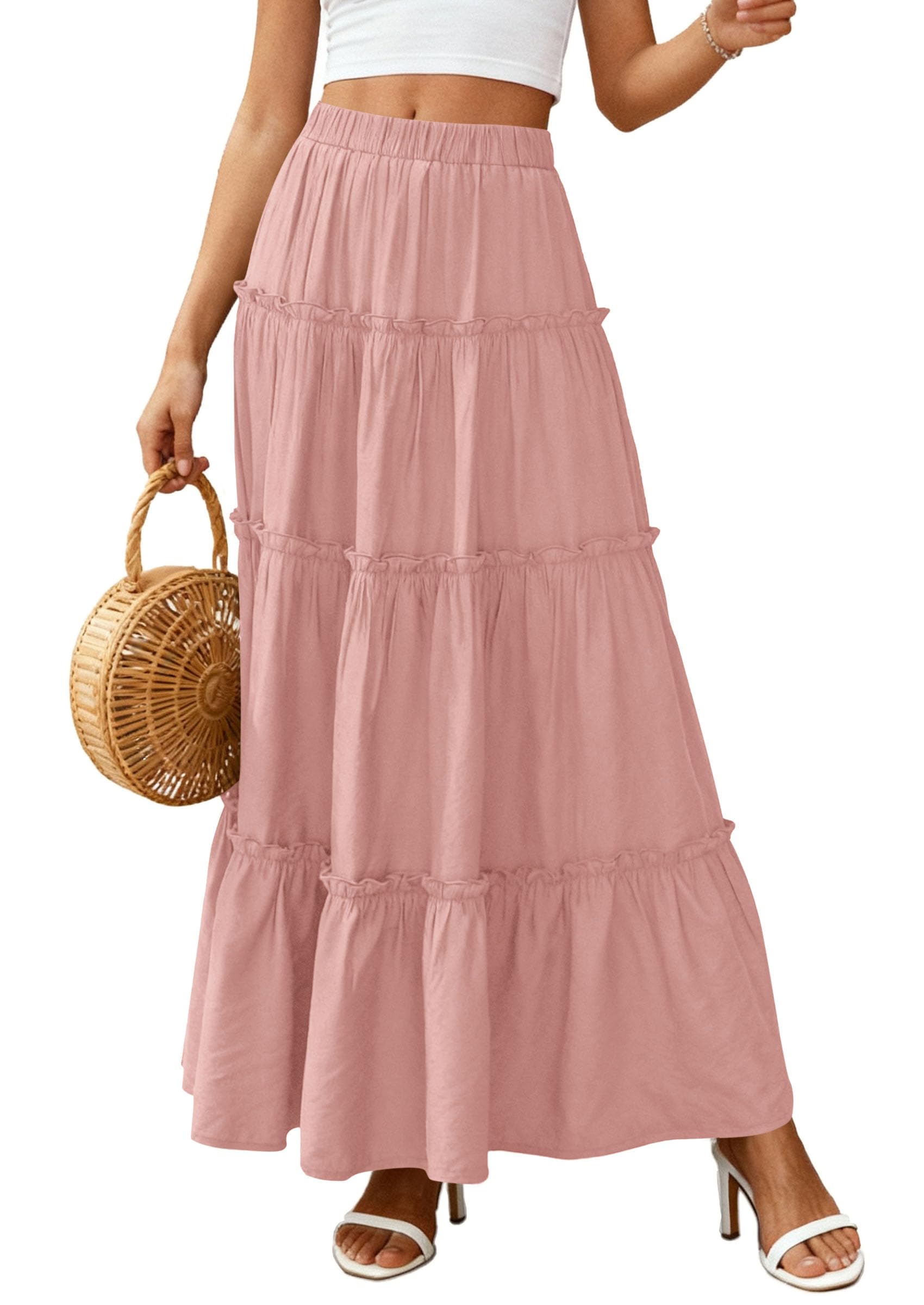 Women's Boho Tiered Ruffle Flowy Maxi Skirt, Pink,S