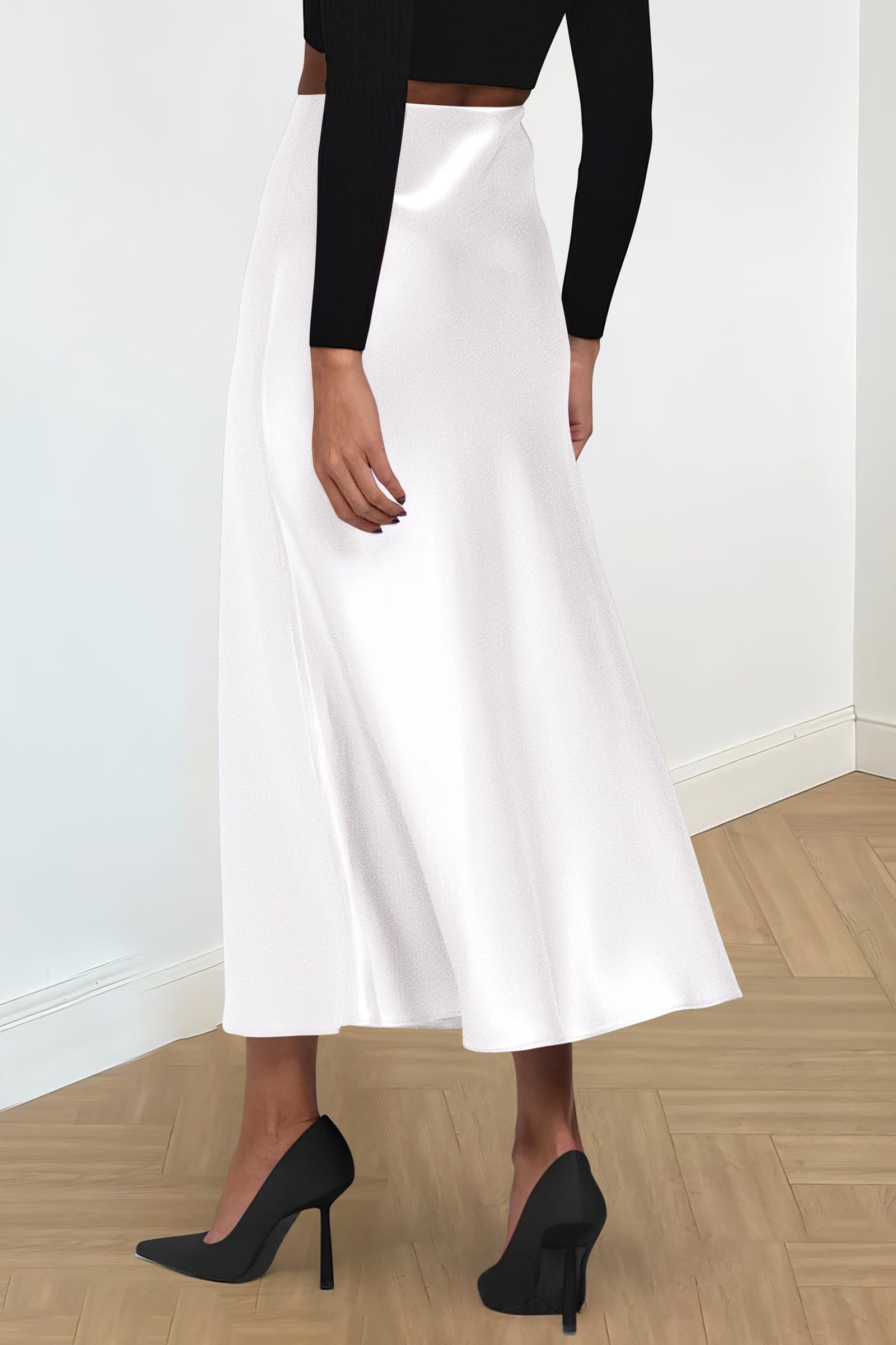Women's Satin Midi Skirts Dressy Casual,White,S