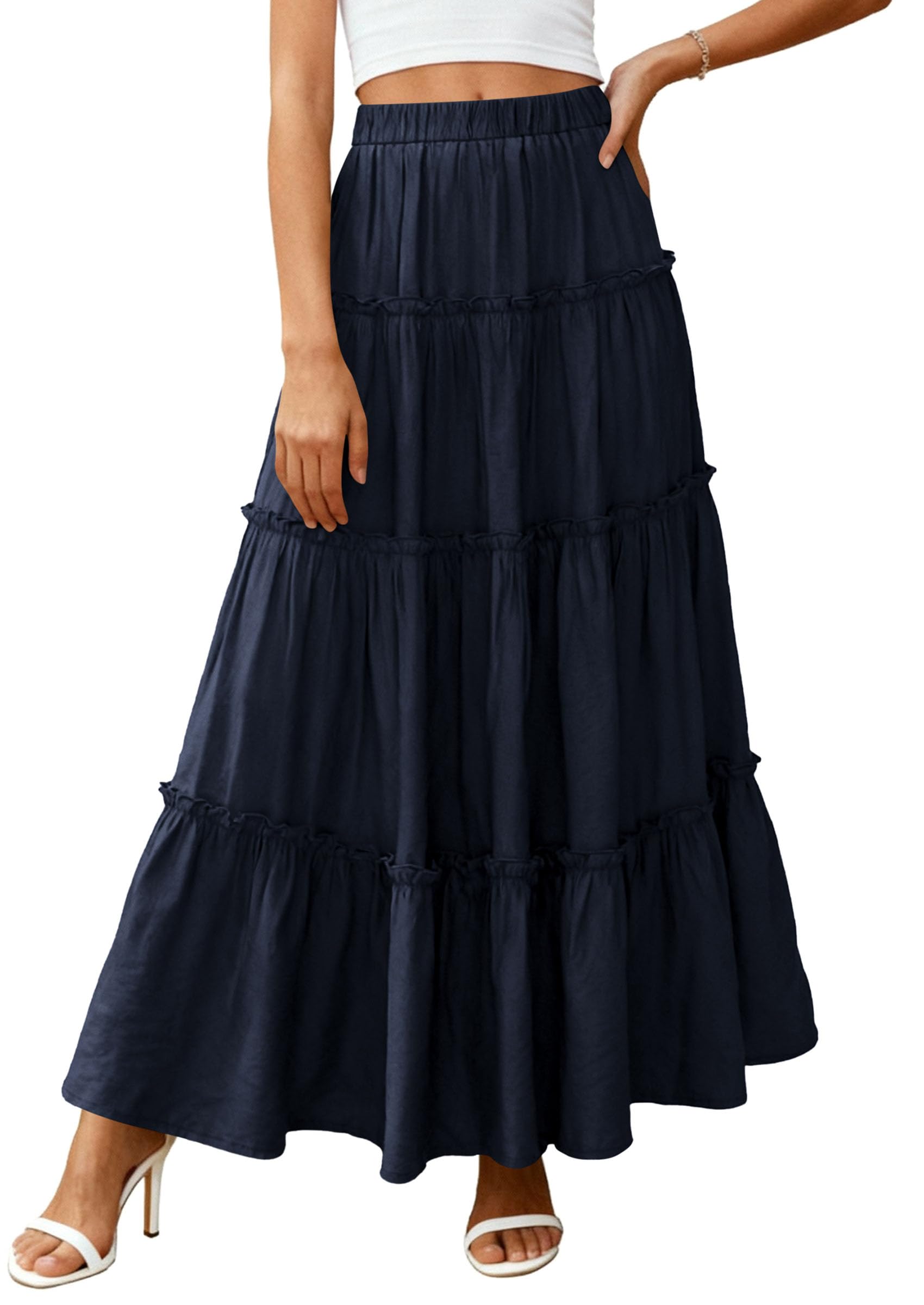 Women's Boho Tiered Ruffle Flowy Maxi Skirt, Navy Blue,L