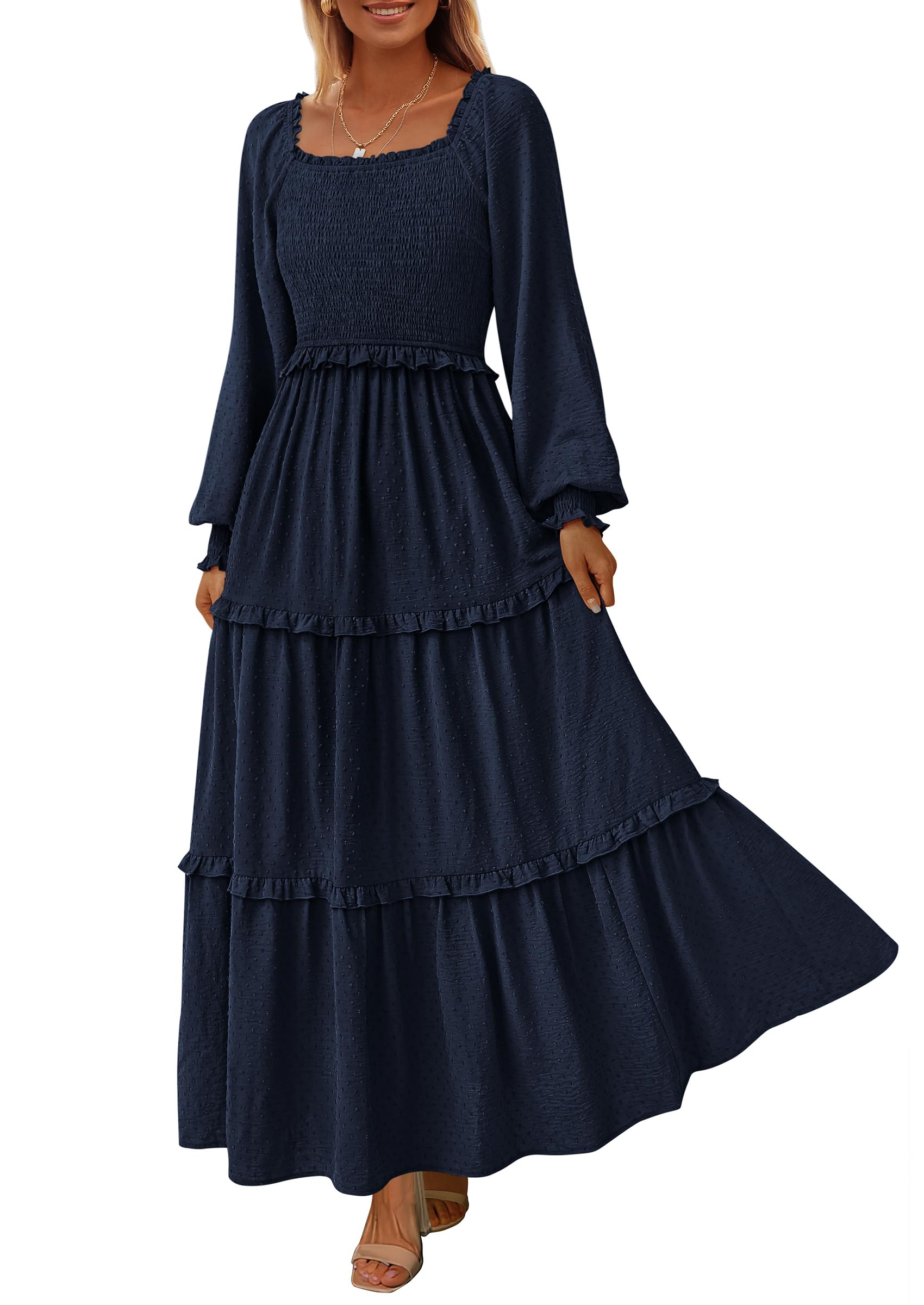Women's Smocked Long Sleeve Maxi Dress Wedding Guest Dresses