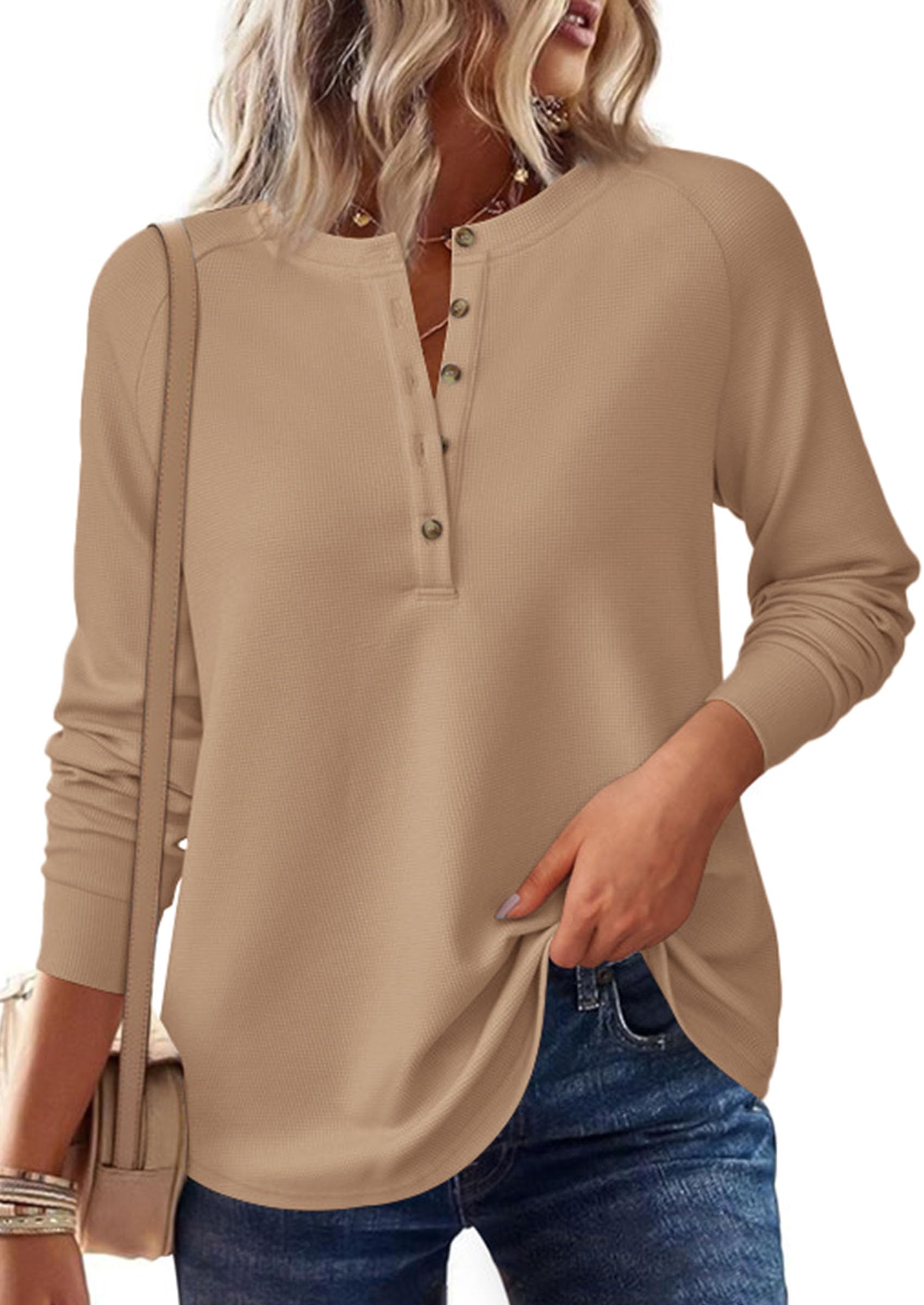 Women's Long Sleeve Waffle Knit Henley Shirts Loose Tunic Tops