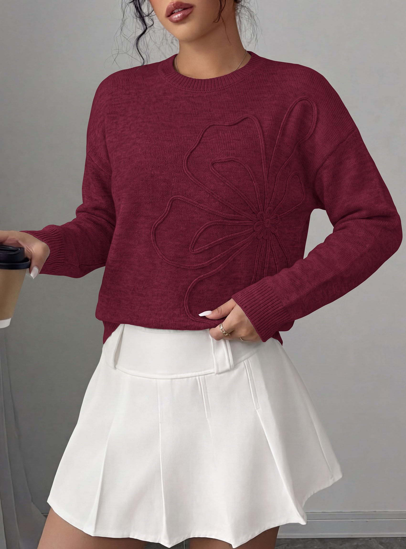 Sweaters for Women Fall Fashion Embroidered Floral Knit Tops