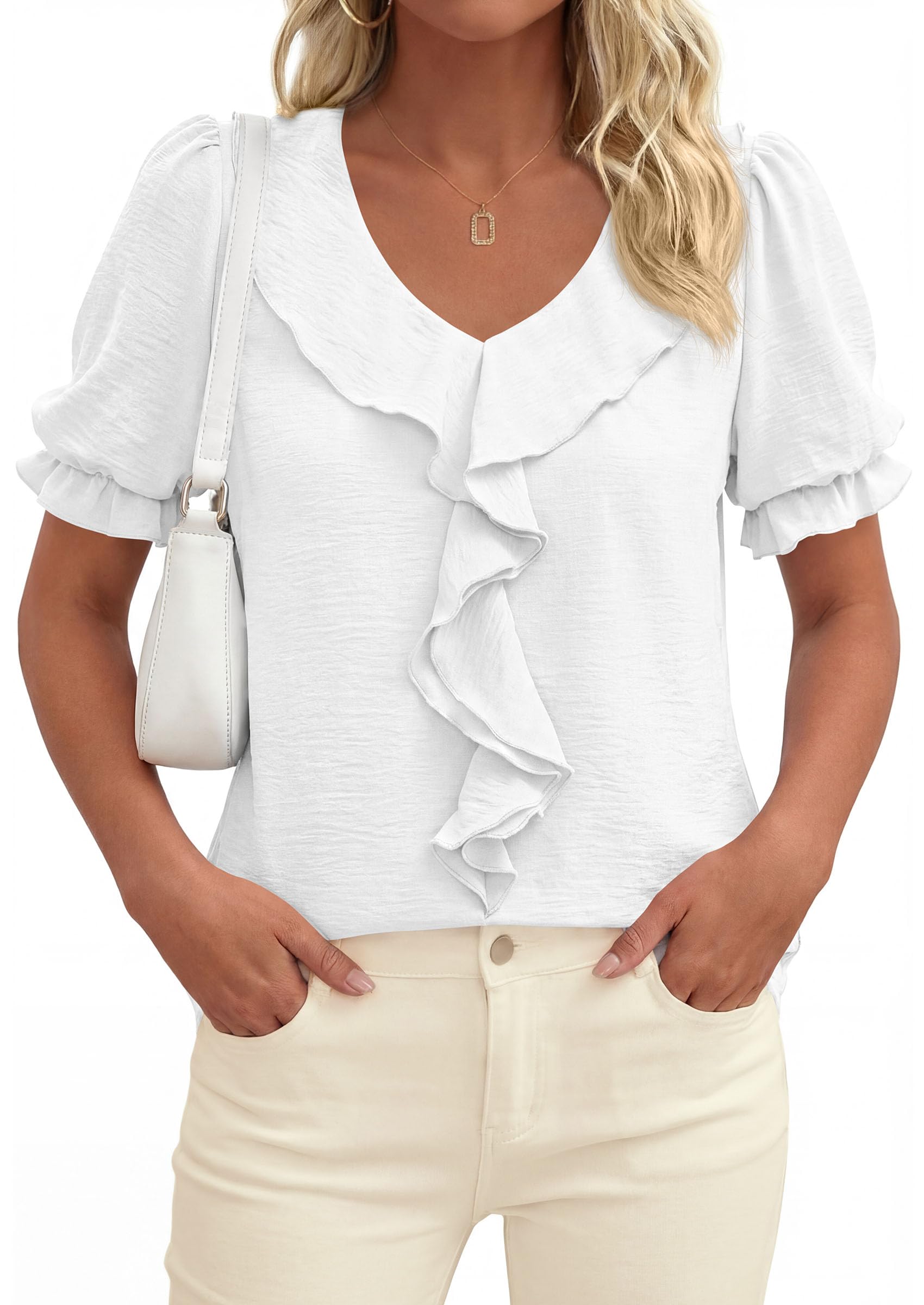 Women's Summer Ruffle Dressy Casual Blouses (White,S)