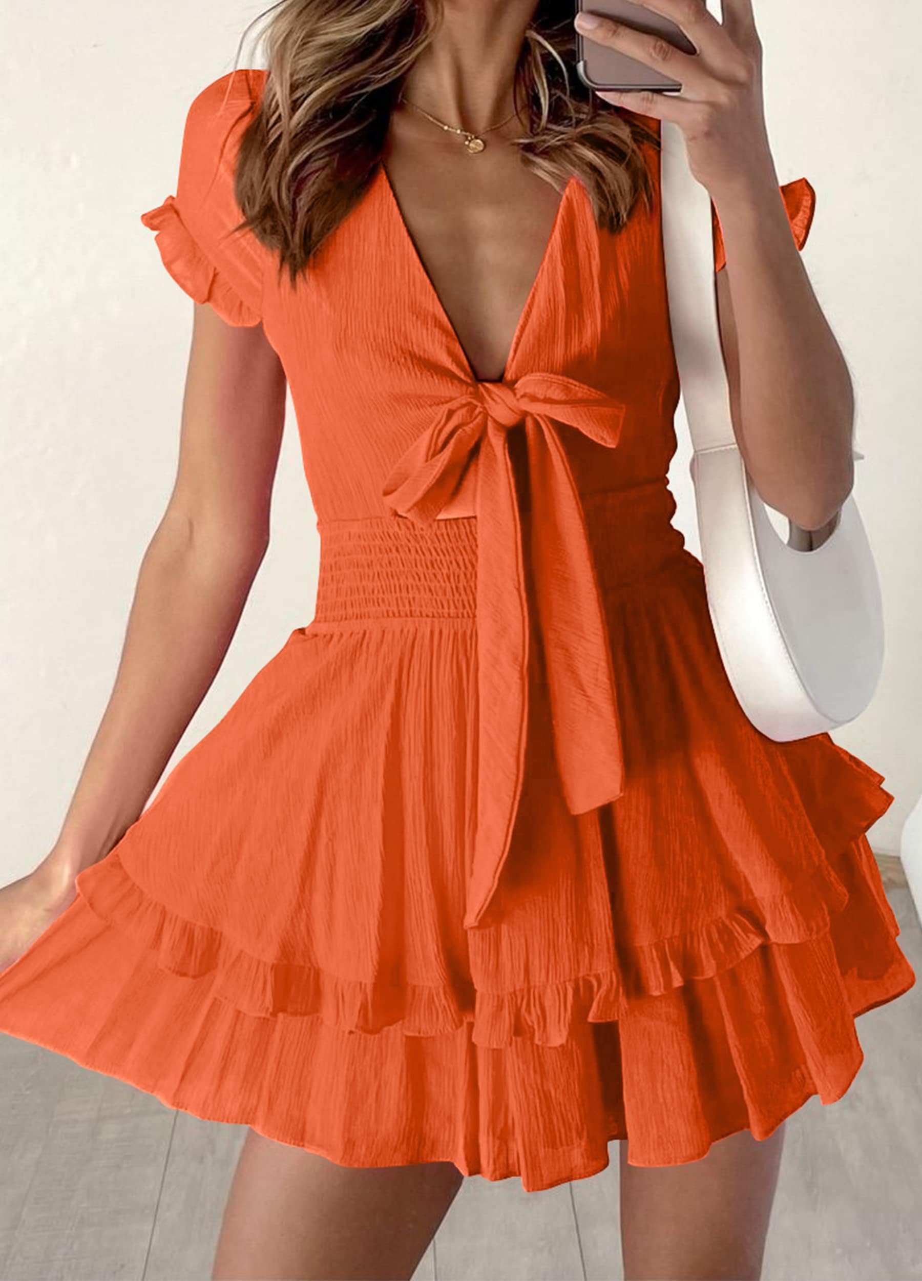 Women's Boho Floral Mini Tiered Bow Dress, Orange,S